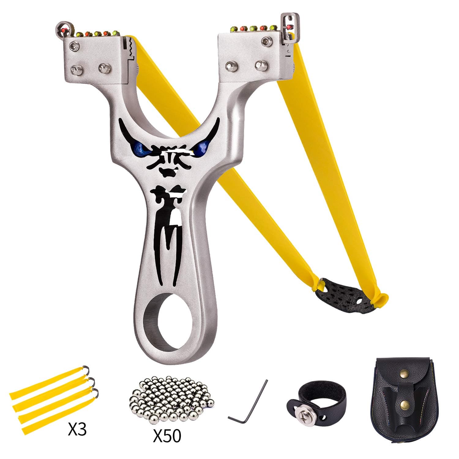 Professional Hunting Slingshot, 304 Stainless Steel High Velocity Catapult with 1mm Rubber Band, 5 Aim Points for Outdoor Target Shooting, Hunting, Self-Defense