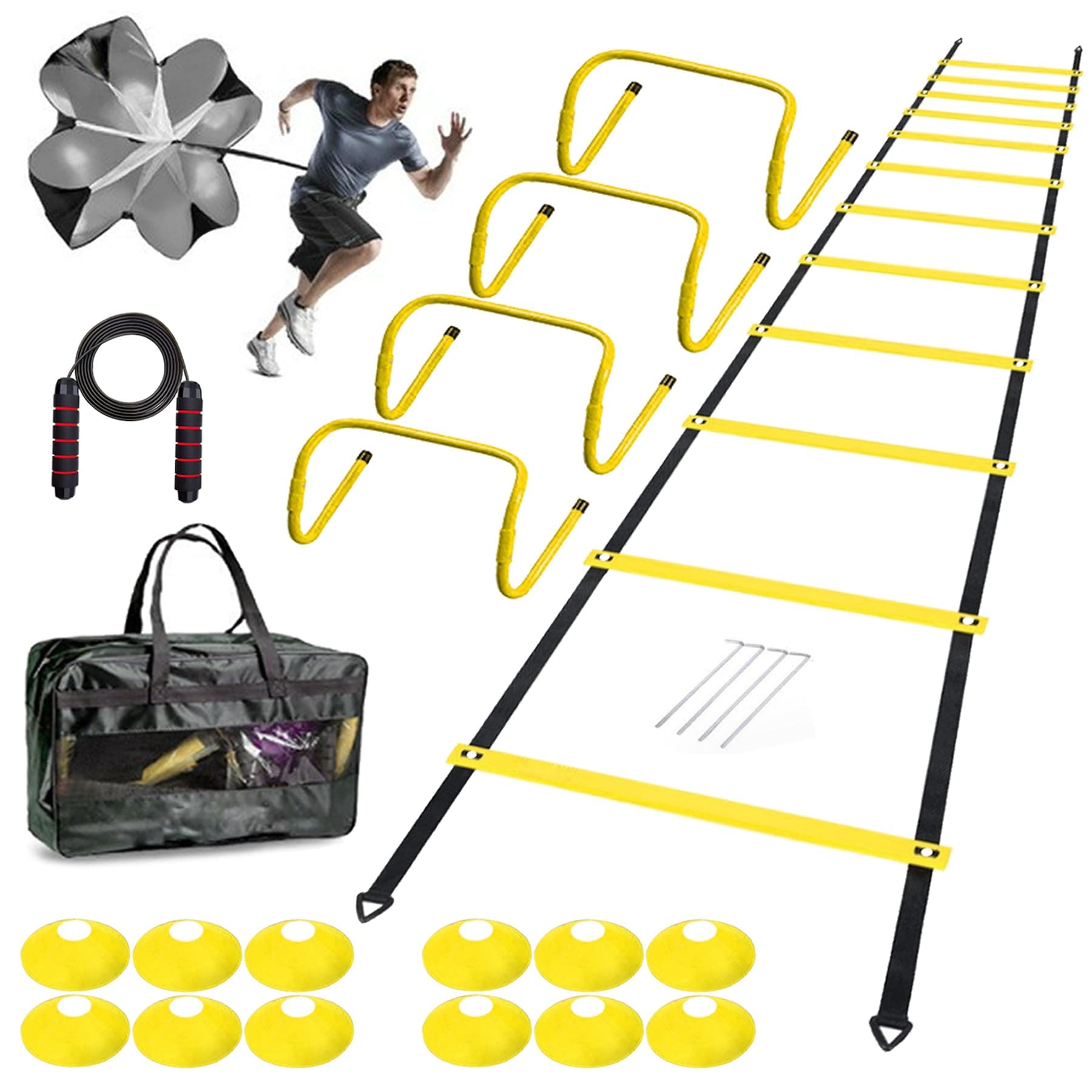 Agility Ladder Speed Agility Training Equipment,1 Agility Ladder 20ft,4 Hurdles,Training Soccer Cones,Jump Rope,Running Parachute, Agility Training Equipment for Kids Youth Adul