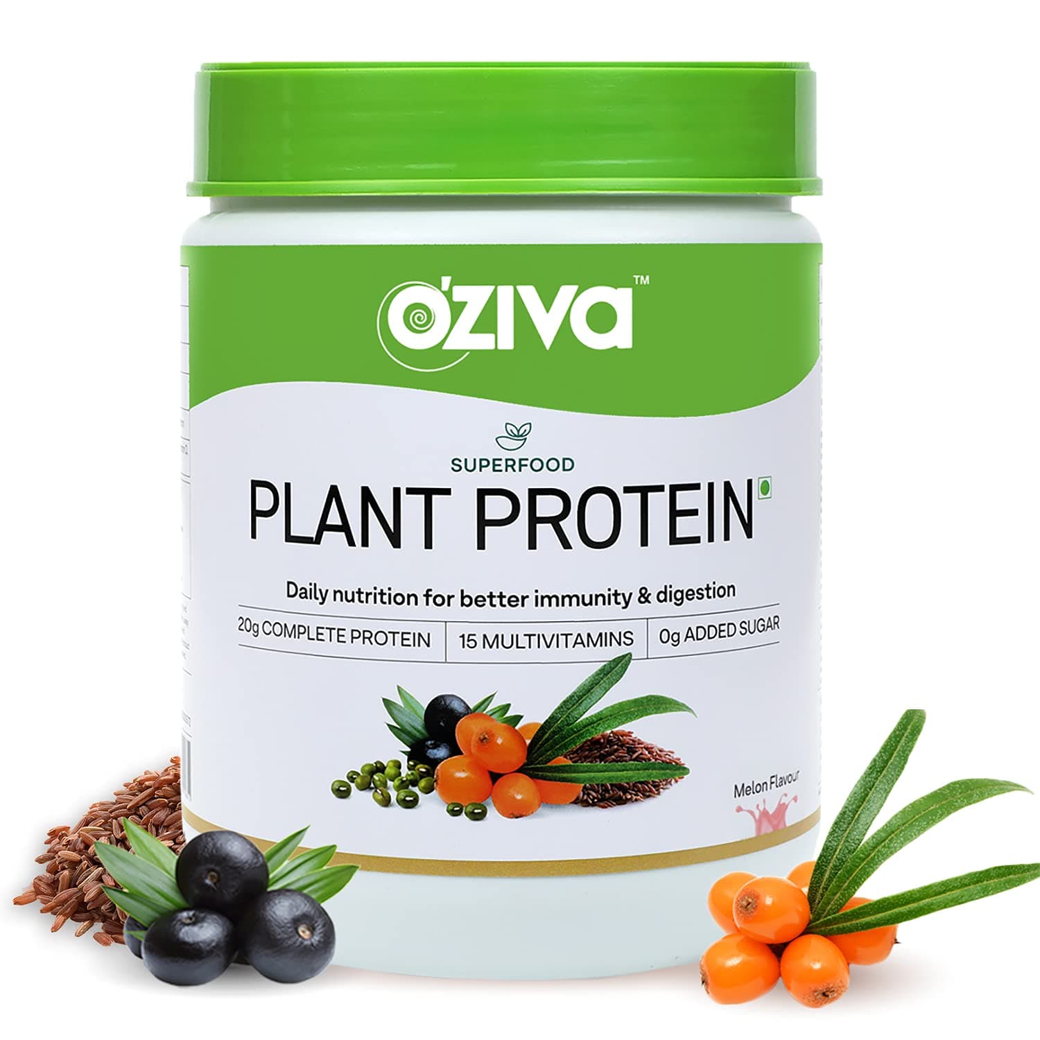 OZiva Superfood Plant Protein Powder, for Men & Women, Melon, 500g (20g of Complete Vegan Protein Powder with Essential Vitamins & Minerals) for Boosting Immunity, Energy & Better Digestion