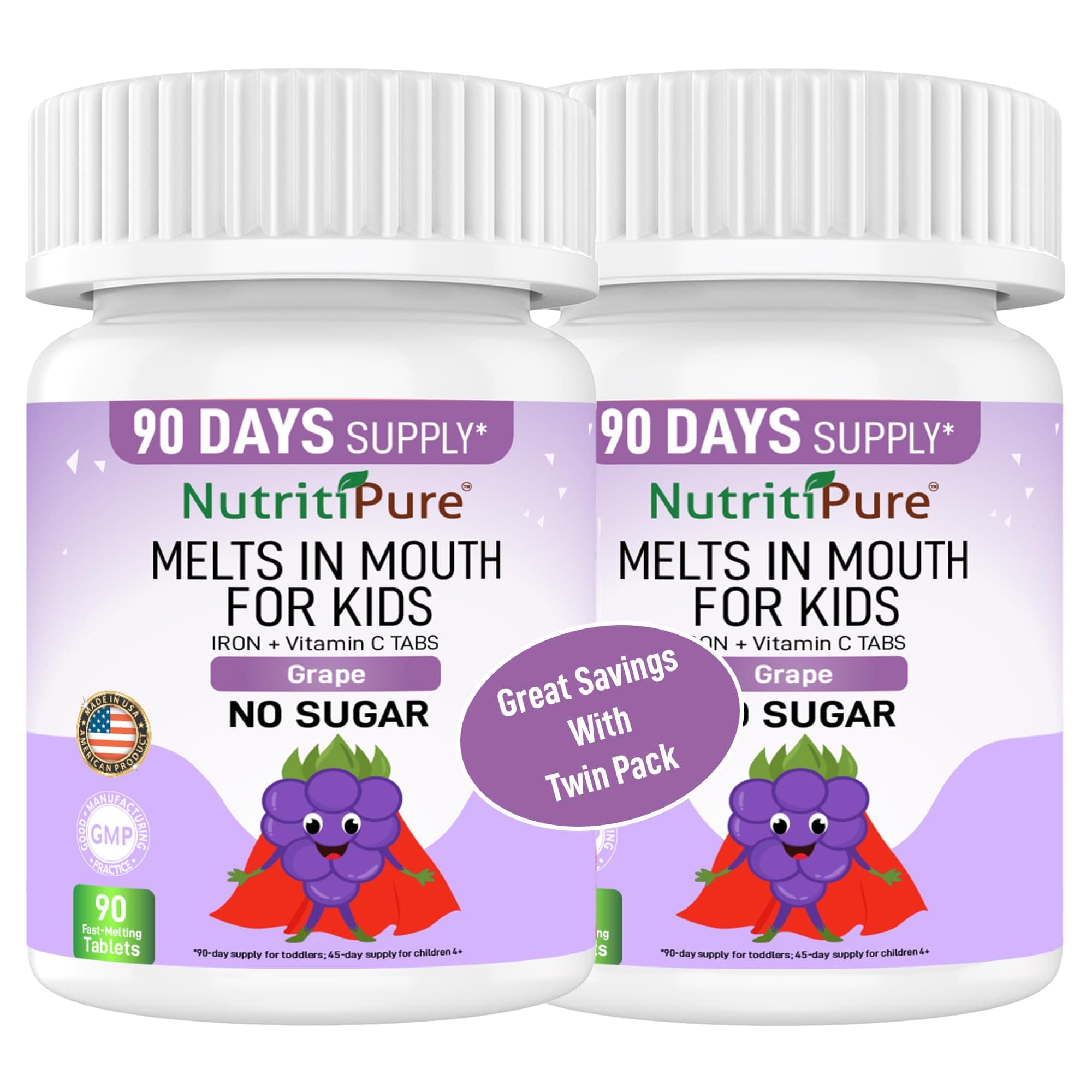 Kids Chewable Iron Supplement (Ferronyl®/Carbonyl Iron 9 mg with Vitamin C 30 mg) Tablet in Delicious Grape Flavor 90 Count (1 Bottle) (2)