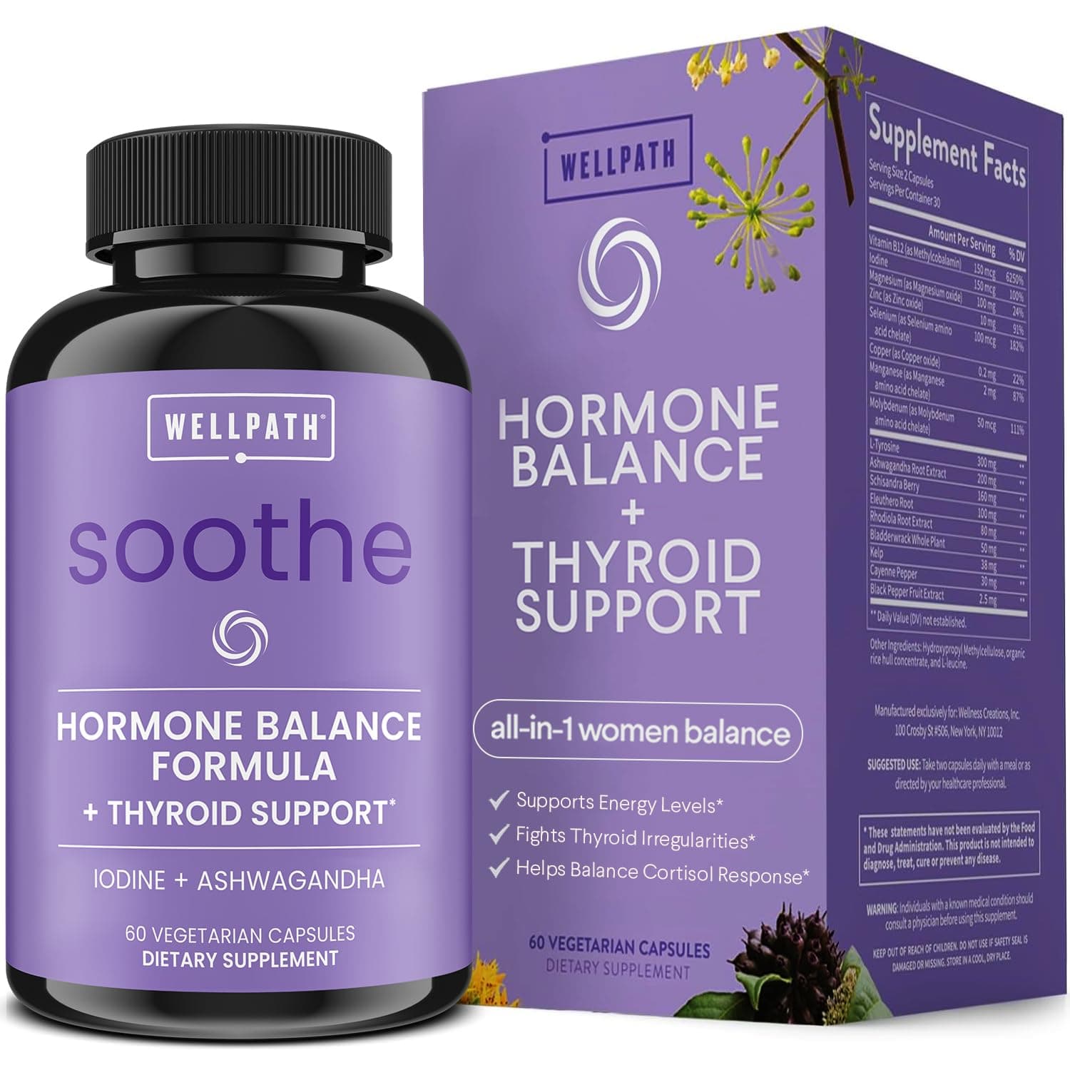 WellPath Soothe Hormone Balance for Women + Cortisol Supplements for Women | Thyroid Support, Mood Support, & Metabolism Booster | Adrenal Support | Rhodiola, Selenium, Iodine | Adaptogens, 60 ct
