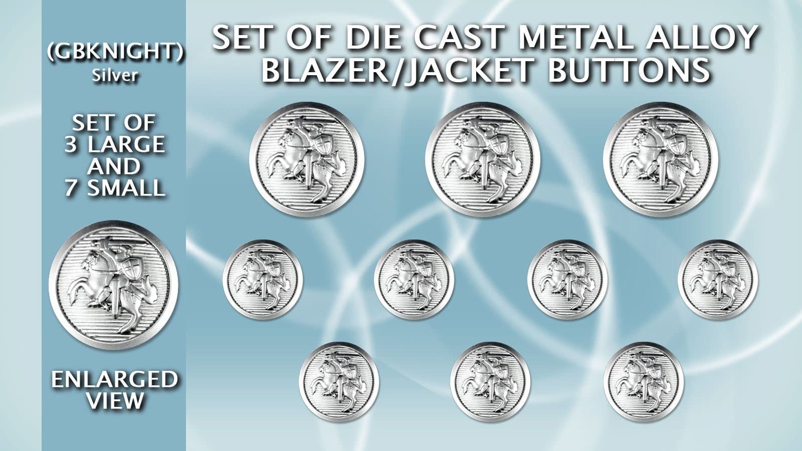Set of Die Cast Metal Blazer/Jacket Buttons (GBKNIGHT-Silver) Matt Silver (3L/7S) 23mm/15mm