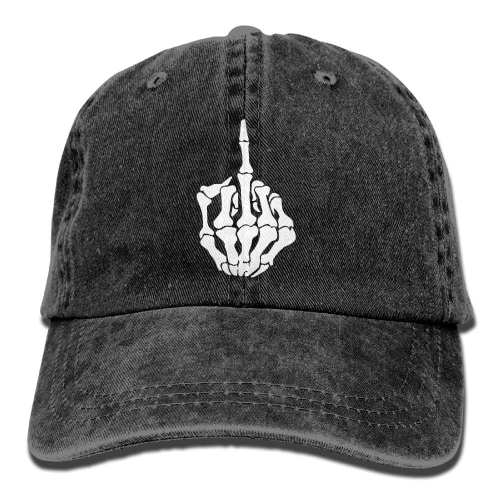 Skeleton Middle Finger Vintage Washed Dyed Cotton Adjustable Plain Cowboy Cap Black