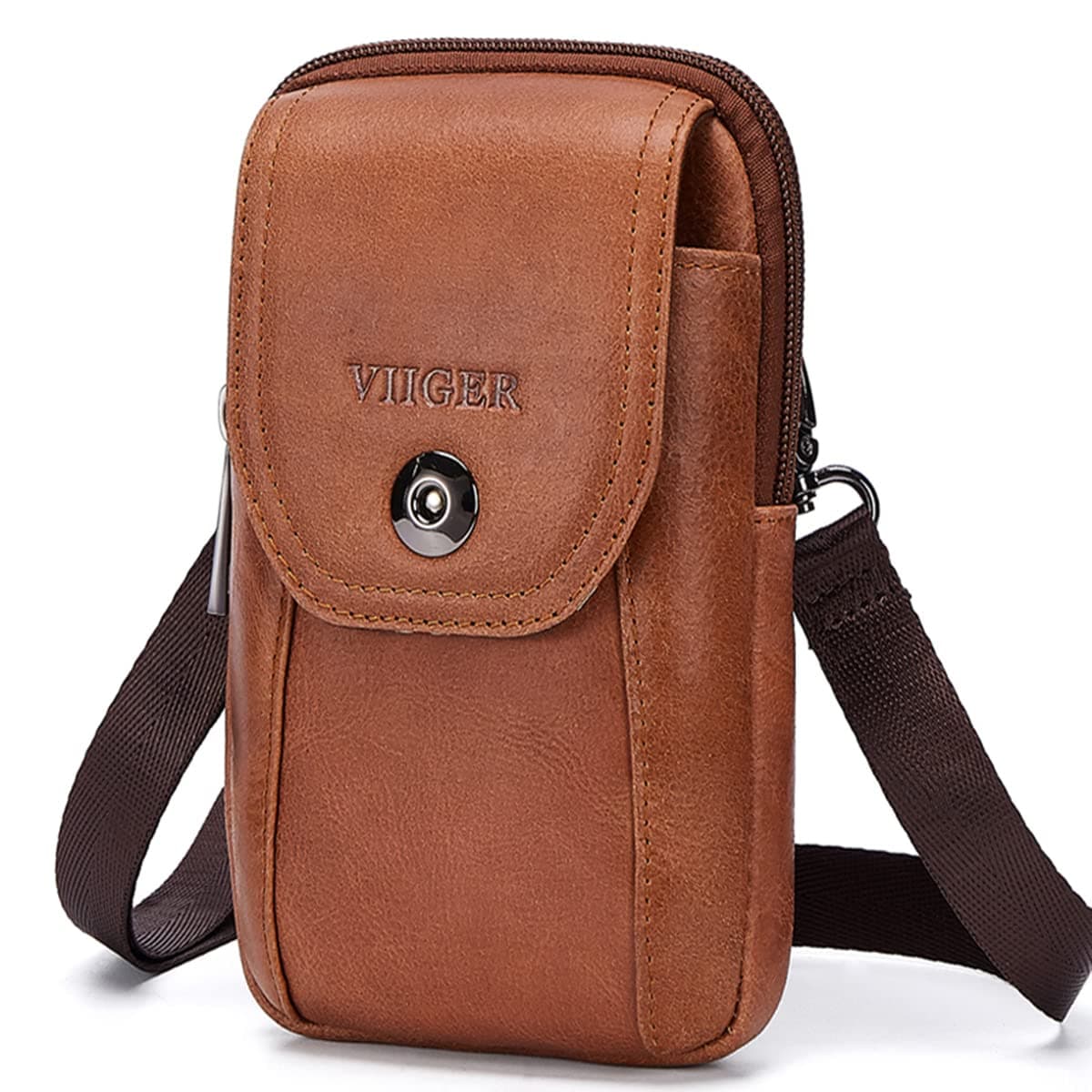 VIIGER Leather Small Travel Purse Crossbody Phone Bag Mens Purses Women Mini Cell Phone Purse Belt Bag for Men Wallet Belt Pouch w Shoulder Strap Compatible for iPhone Xs Max/11 Pro/11 Pro Max, Brown
