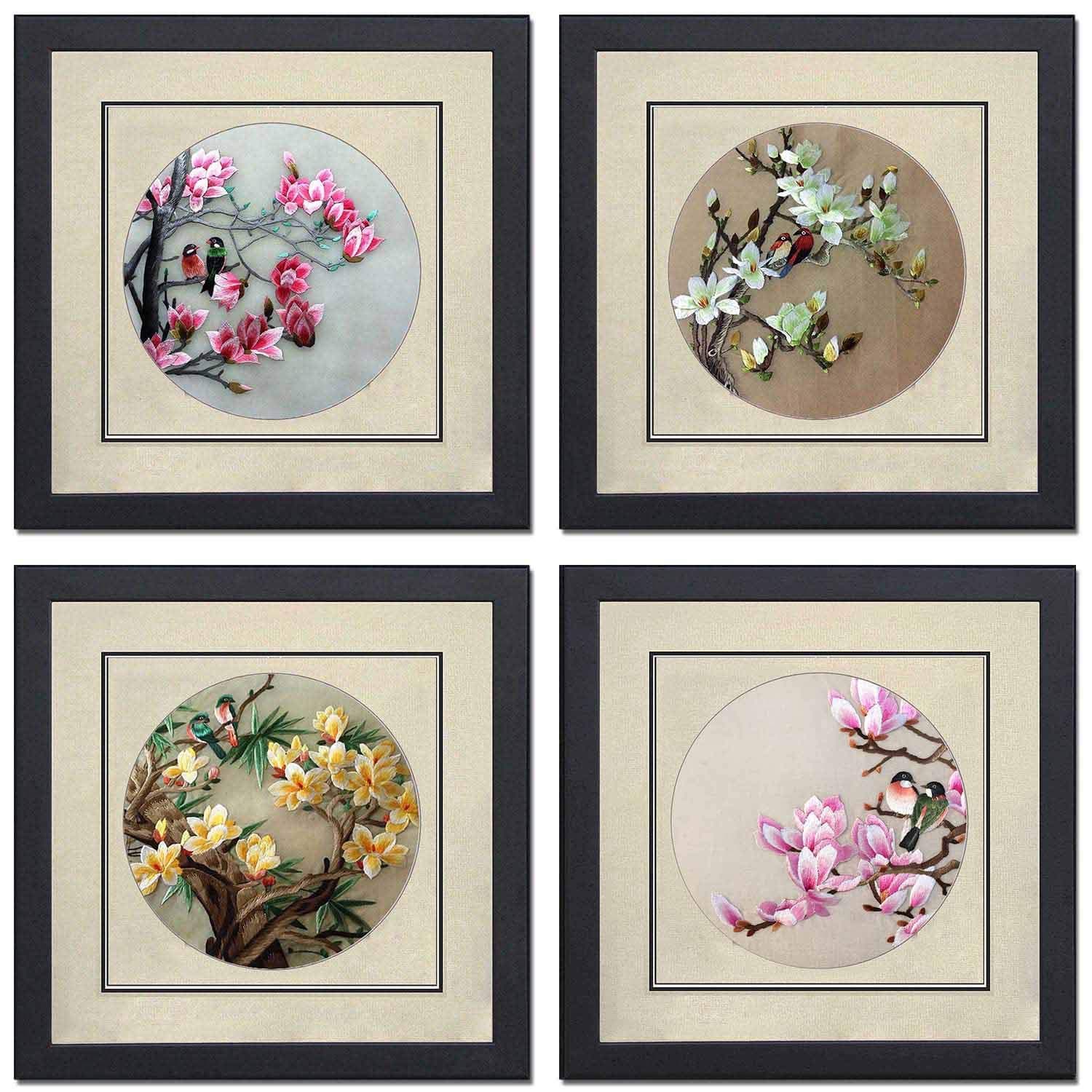 Silk Art 100% Hand Embroidery Framed Mixed Group Love Birds on Trees Chinese Print Wildlife Bird Painting Anniversary Wedding Party Gifts Oriental Asian Wall Art 35021WF 35022WF 35023WF 35024W