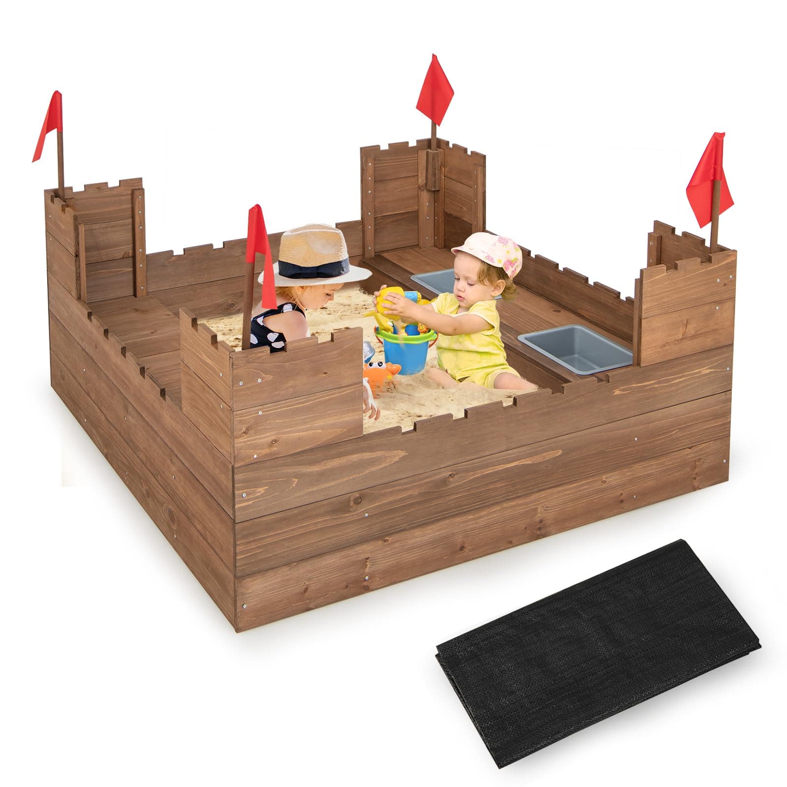 Kids Sandbox, Cedar Wood 45" x 45" Sand Pit w/Built-in Bench Seats, Storage Boxes, Flags & Protective Bottom Liner, Outdoor Sand Box for Kids Age 3+ for Backyard Garden Beach