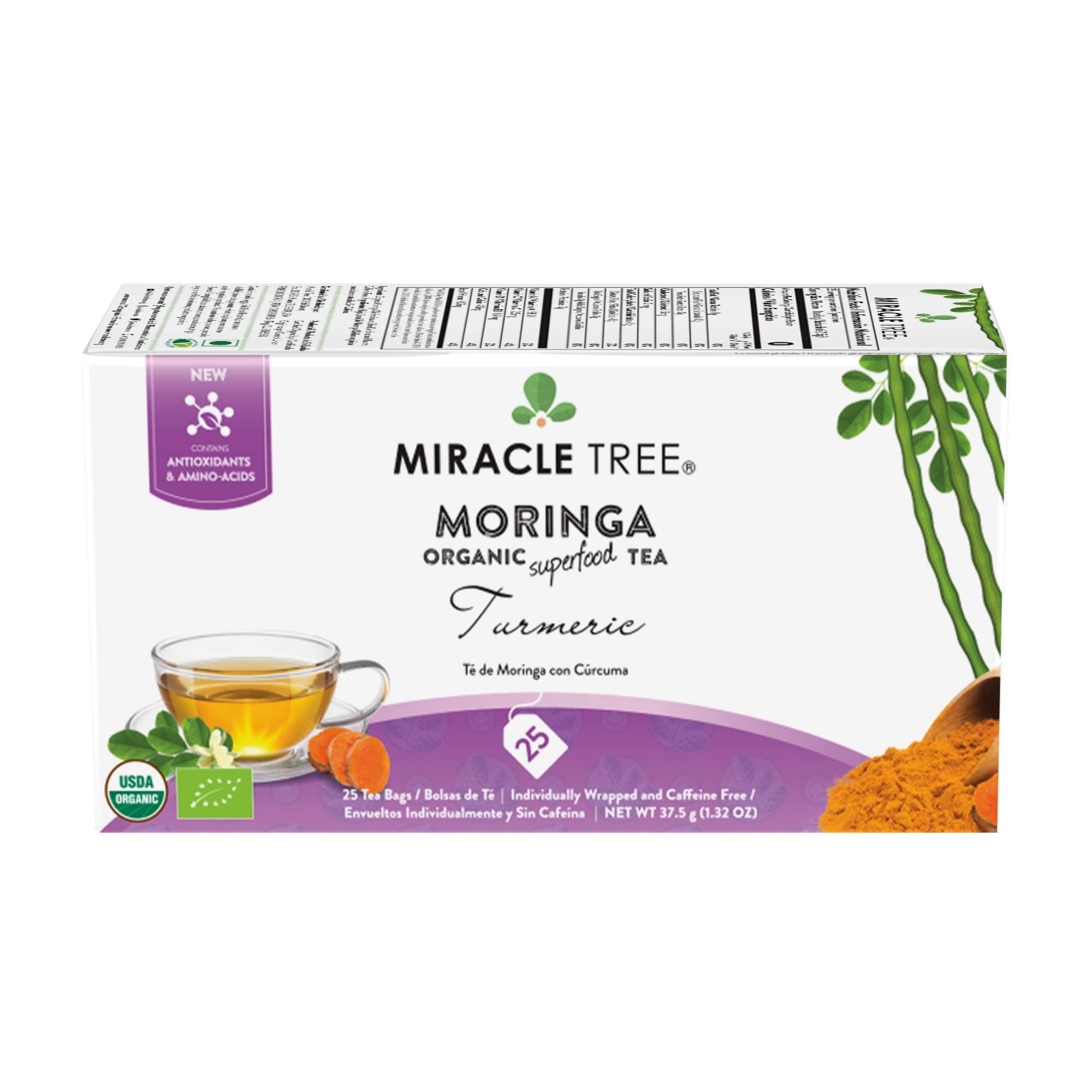 Miracle Tree - Organic Moringa Superfood Tea, 25 Individually Sealed Tea Bags, Turmeric (Keto, Detox, Energy & Immunity Booster, Vegan, Gluten-Free, Organic, Non-GMO, Caffeine-Free)