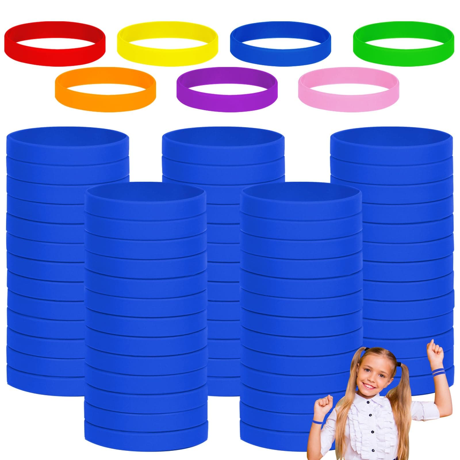 100PCS 7'' Silicone Wristbands for Kids Teens, Kids Blank Silicone Wristbands Elastic Bracelets Rubber Bracelet Wrist bands bulk Party Teacher Supplies Boys Gilrs Education Activities-Blue