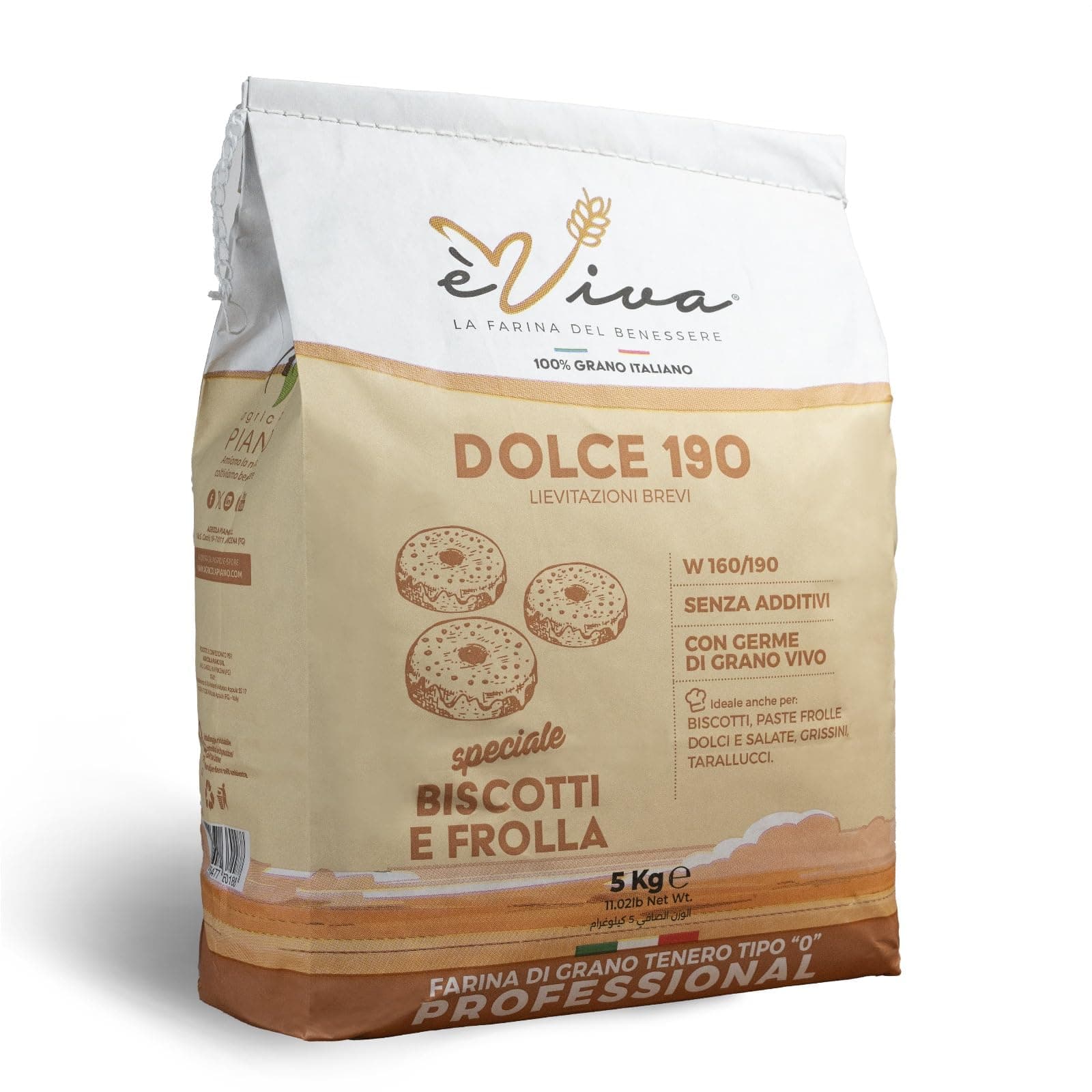 Agricola Piano – Dolce 190 | All-Purpose/Plain Flour Italian Type 0 kg 5-100% Natural, 100% Italian, without Additives, with Live Wheat Germ - Ideal for Cookies, Shortcrust Pastry