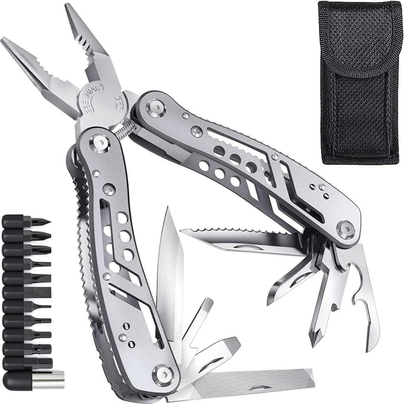 24 in 1 Multi-function Plier Tools Made of Stainless Steel with 11 Screwdriver bits with Safety Hook, Bottle Opener, Multifunction Pliers for Outdoor Backpacking & Gifting (24 In 1)
