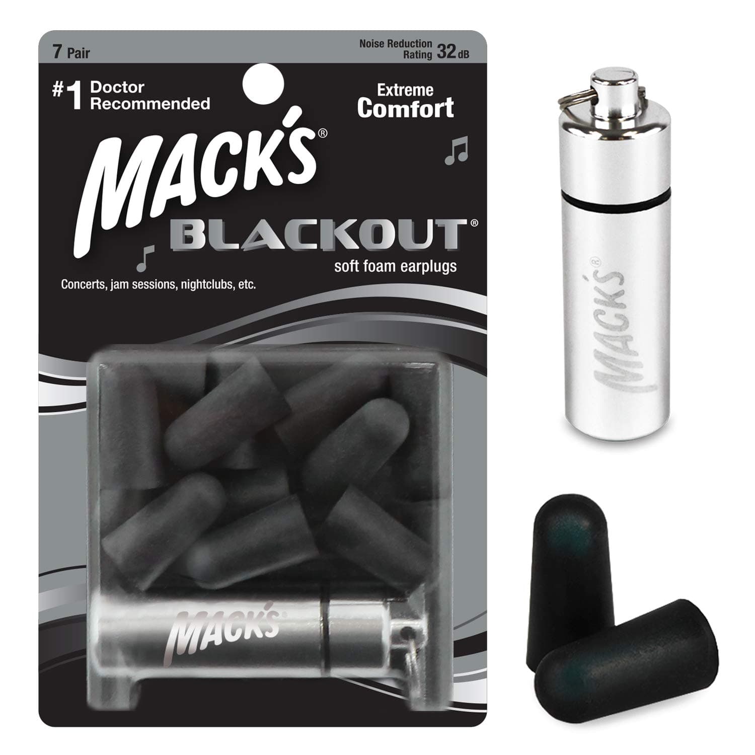 Blackout Soft Foam Earplugs, 7 Pair with Travel Case - 32 dB Highest NRR, Comfortable Ear Plugs for Concerts, Jam Sessions, Nightclubs, Loud Events and Shooting Sports