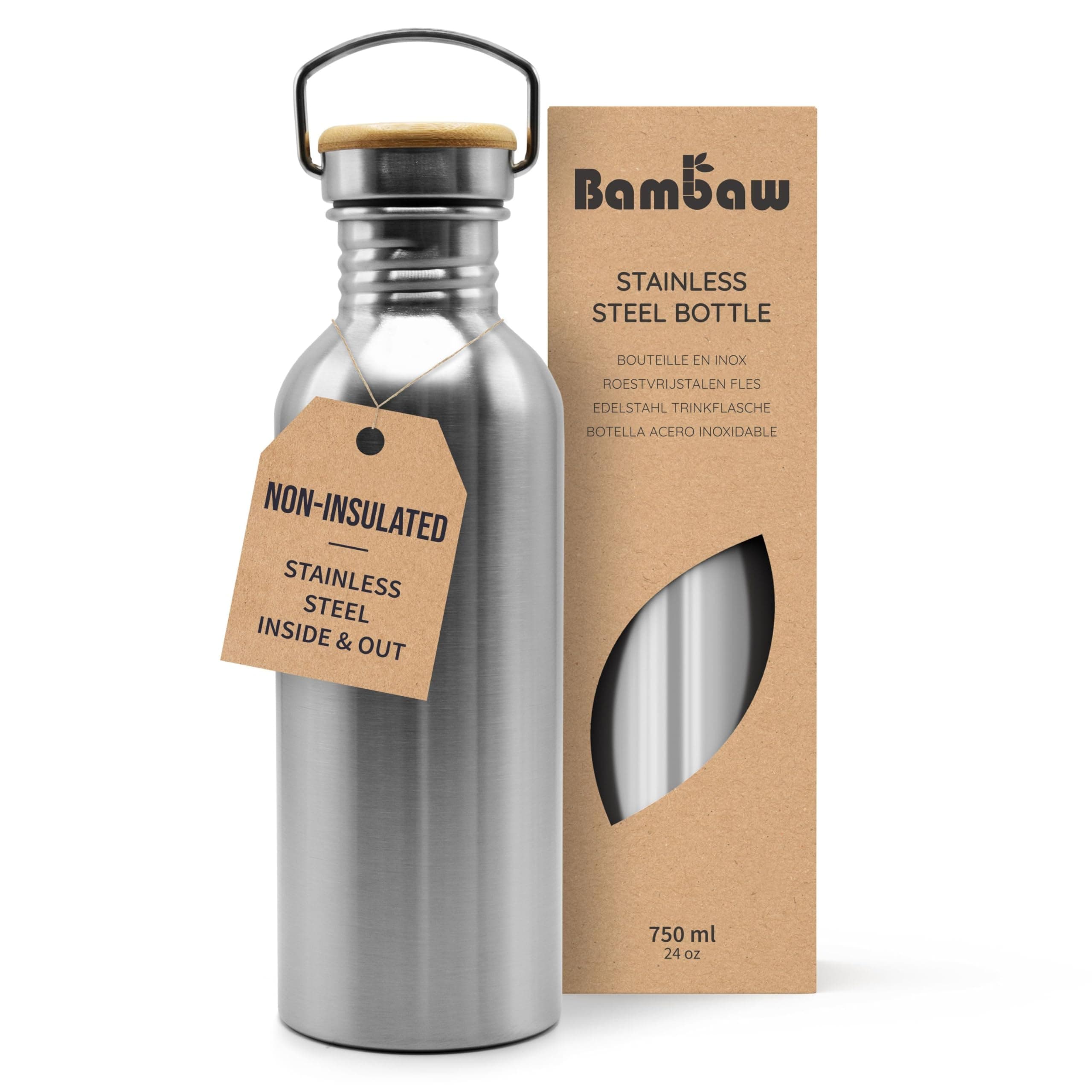 Stainless Steel Single Wall Water Bottle, 24 oz, 750 ml, Reusable, Leakproof, Dishwasher Safe, BPA Free, Ideal for Travelling, Hiking, Yoga
