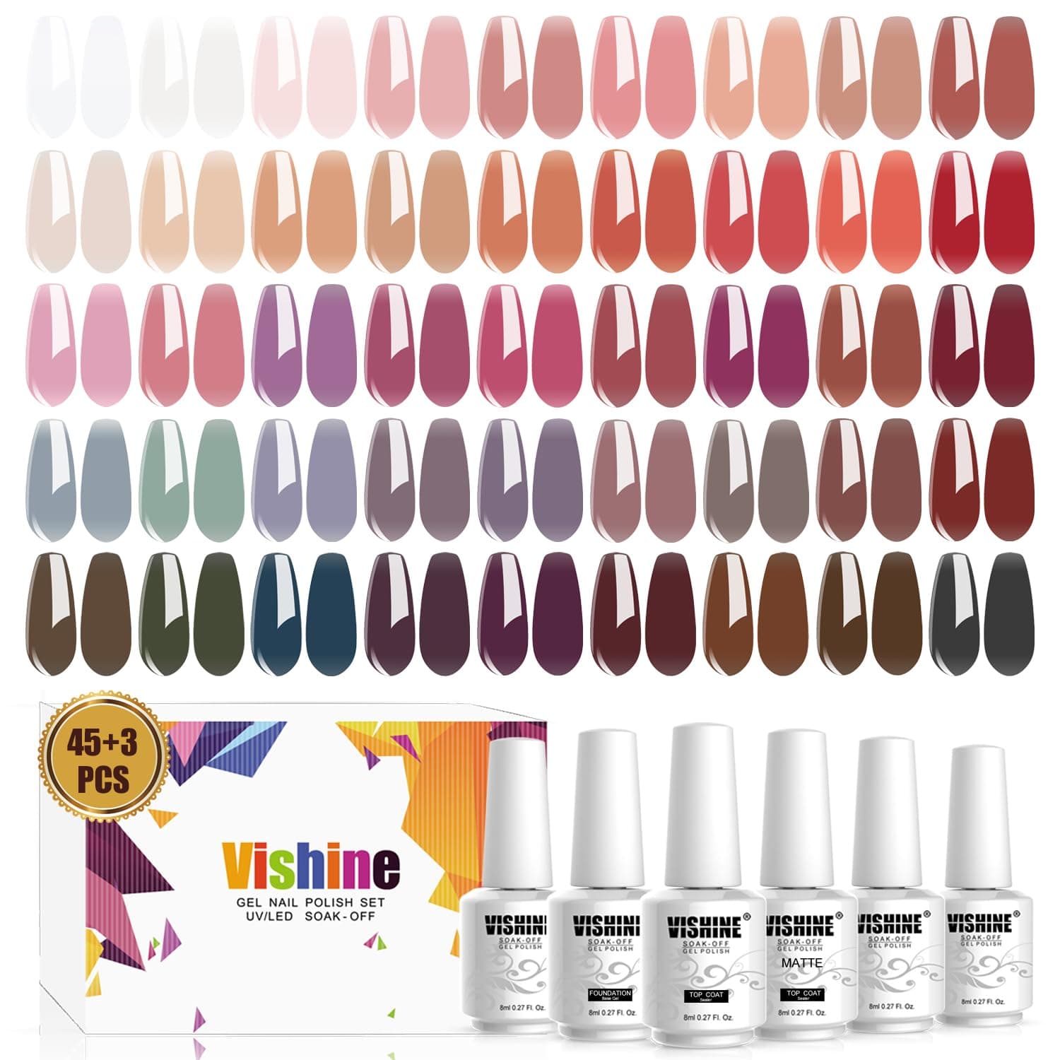 Vishine 48 Pieces Gel Set, 45 Colours Transparent Gel Nail Polish Set, Sheer Crystal Clear Jelly Polish