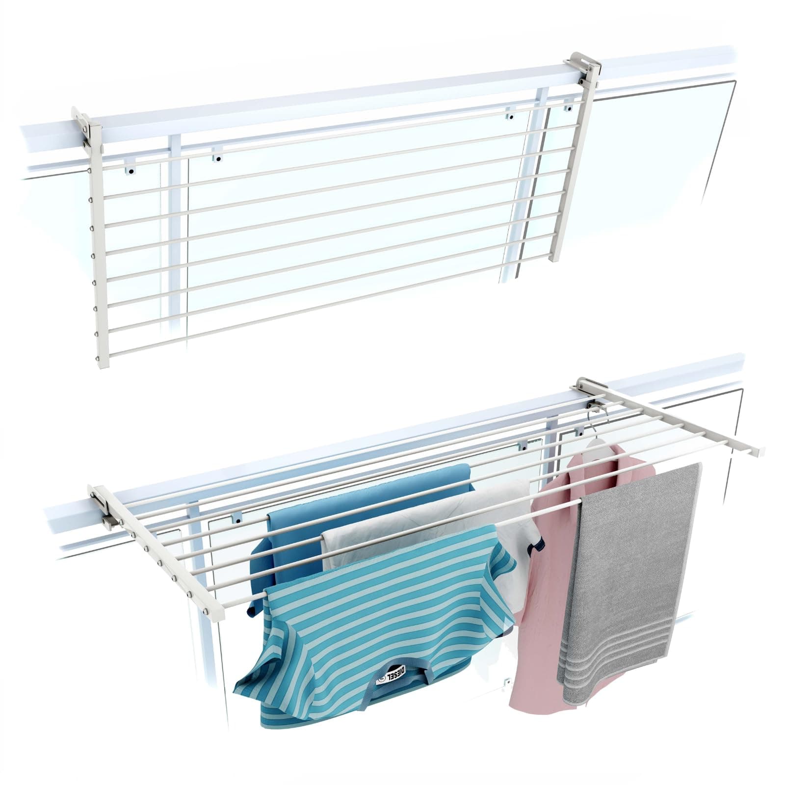 foxydry Duo, Folding Balcony Clothes Drying Rack, Laundry Drying Rack, Foldable Stainless Steel and Aluminum Outdoor Rail Mounted Laundry Rack for Patio, Balcony, Railing - 46" Length