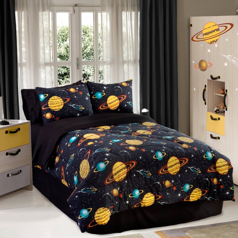 Veratex Rocket Star Bedding Collection Cotton 4-Piece Glow in the Dark Kids Comforter Full Size, Black