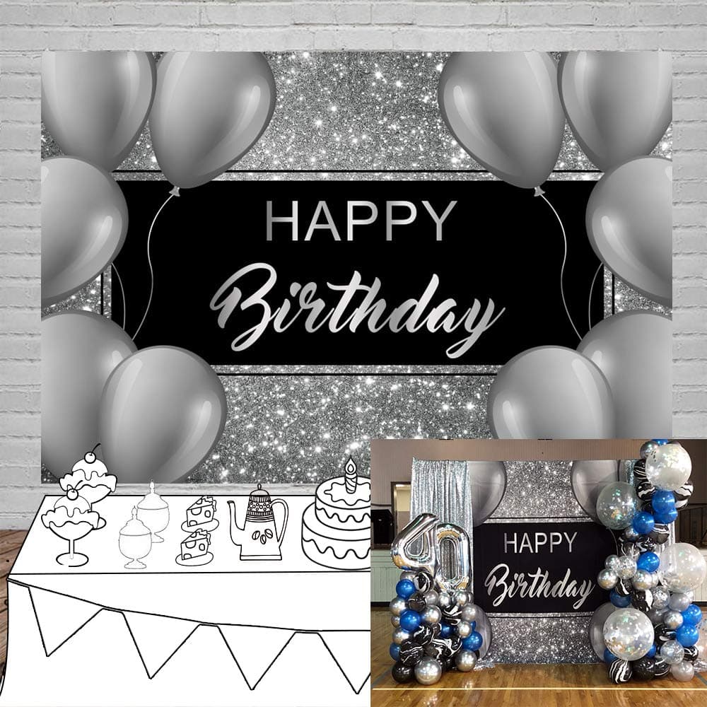 LaeaccoHappy Birthday Backdrop 7x5ft Black and Silver Glitter Birthday Backdrops for Men Grey Balloons Birthday Party Decoration Cake Table Banner Supplies Child Kid Baby Woman Birthday Photo Studio