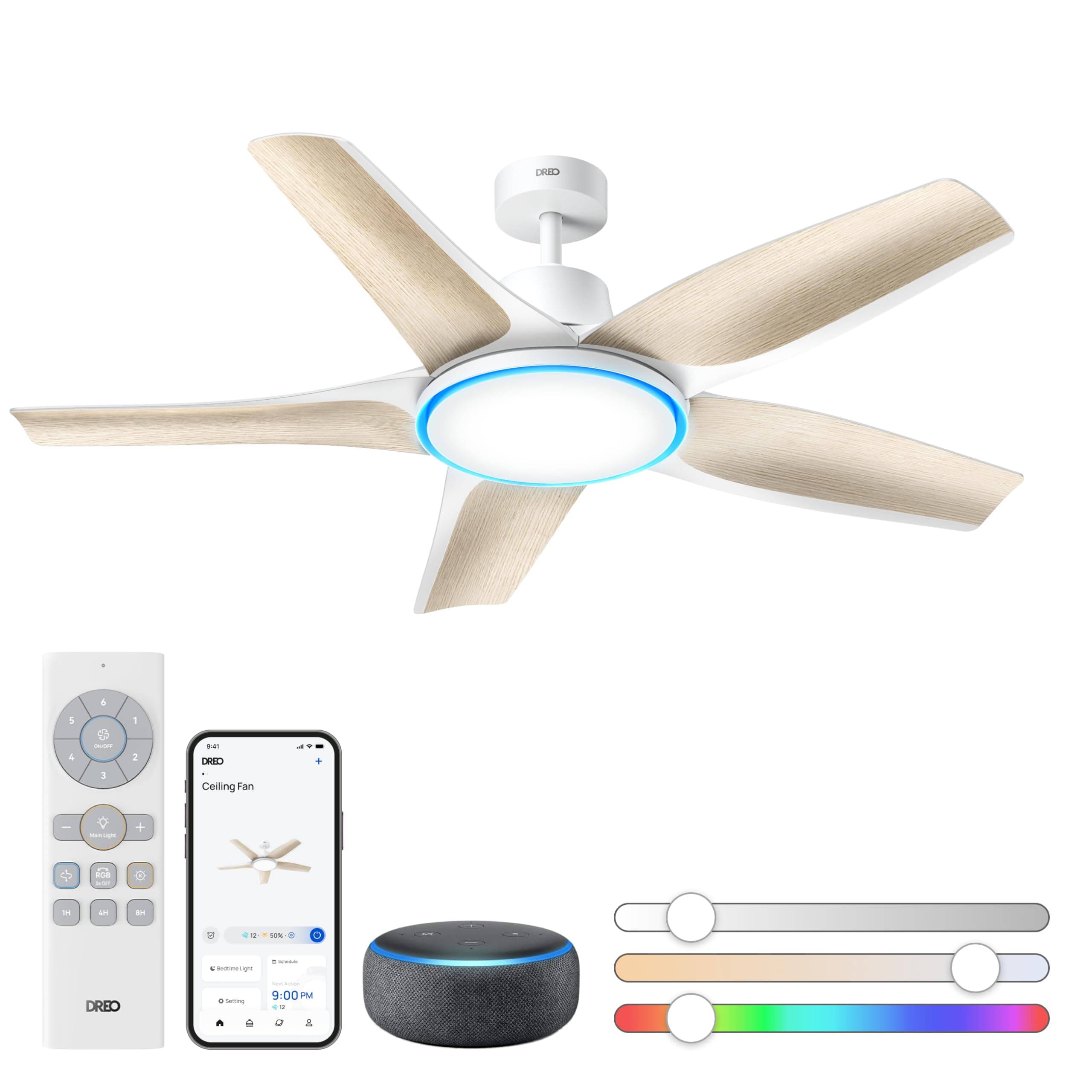 Smart Ceiling Fans with Lights, Low Profile Ceiling Fan with Alexa/App, 52'' Dimmable Lighting & Color Tuning, RGB Ambient Light for Living Room, Game Room, Easy Installation, Quiet, White