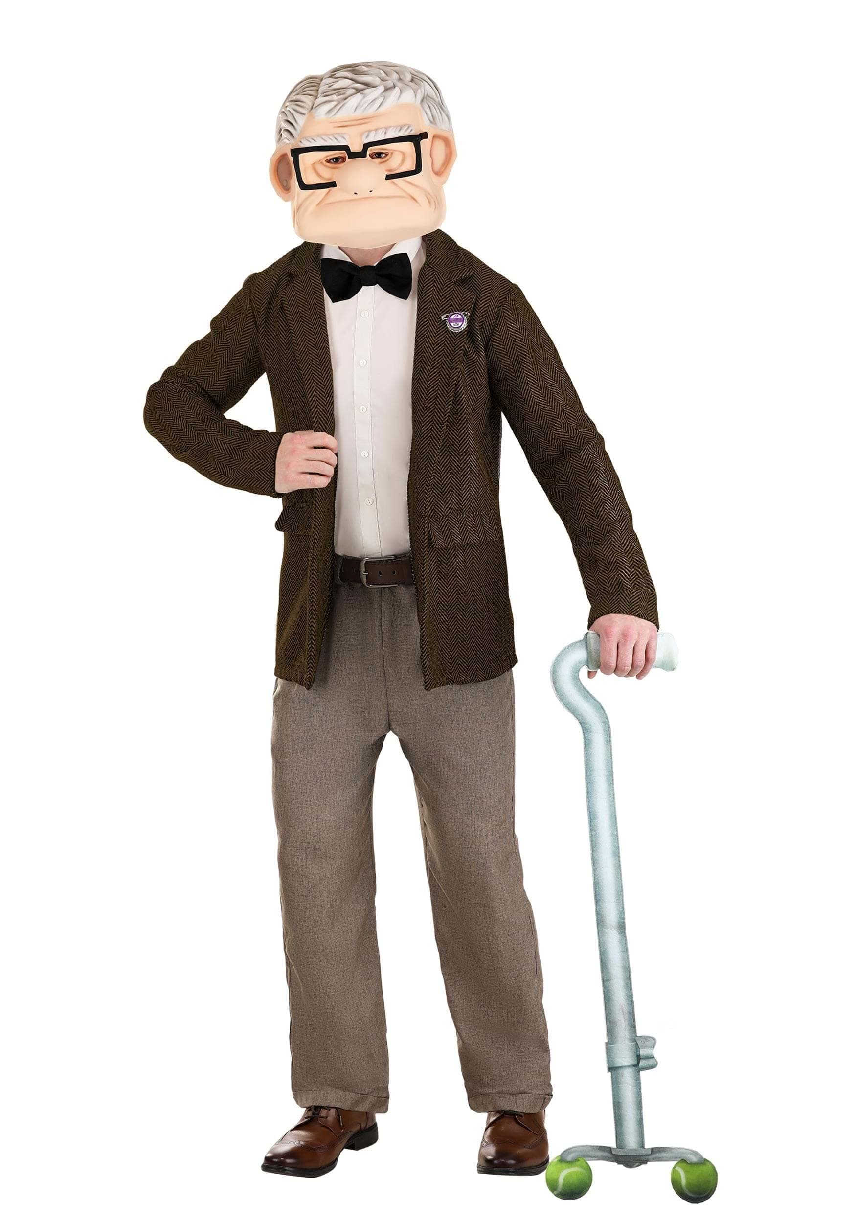 Adult Carl Fredricksen Costume | Mens Disney Pixar's UP Movie Halloween Complete Outfit, Pin, Mask, Fake Walker