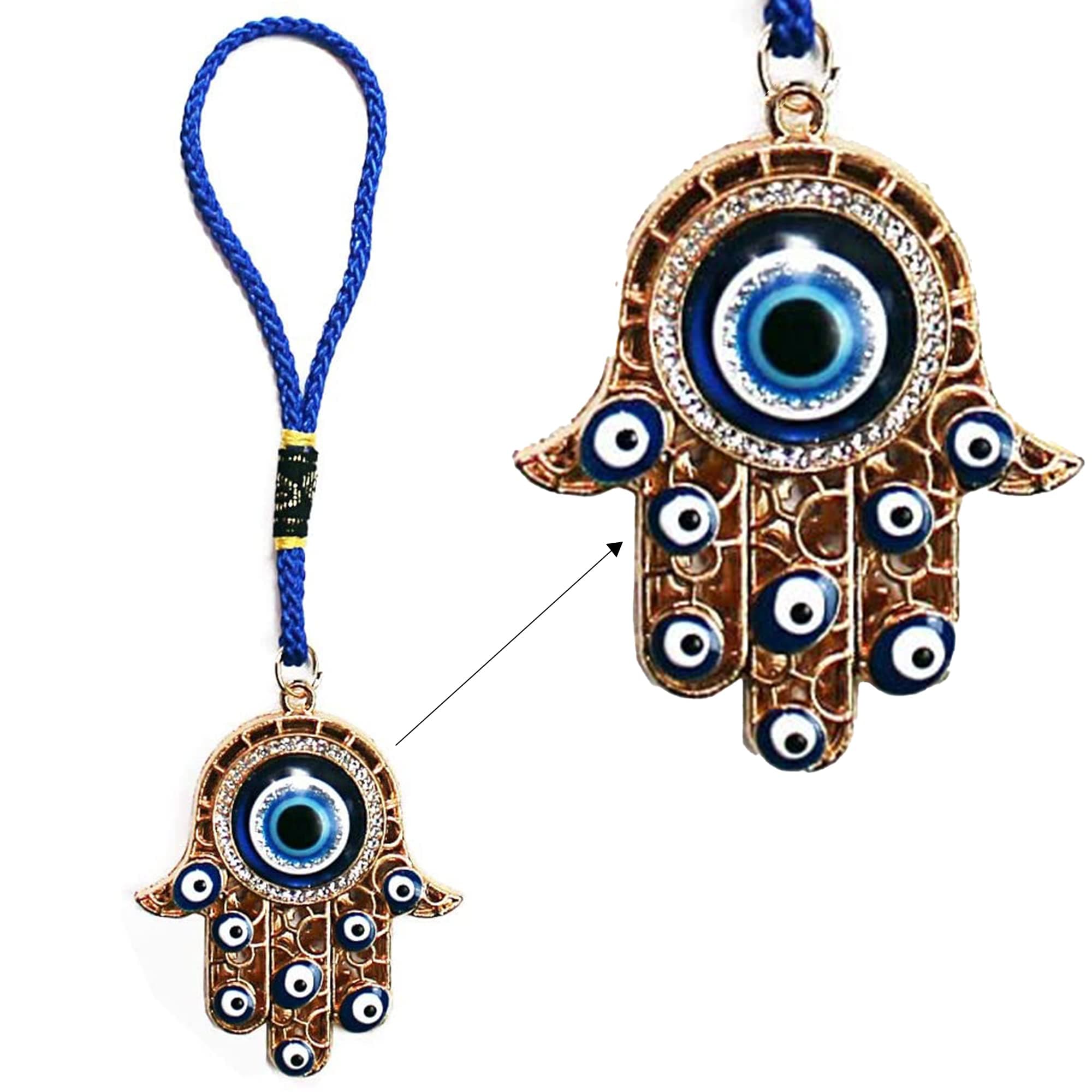 LUCKBOOSTIUM Hamsa Hand Amulet Pendant with Blue, White & Black Crystal Rhinestones & Evil Eye - Car Hanging Ornament, Rearview Mirror Accessories, Evil Eye Protection, Bag Charm, Gold Tassel