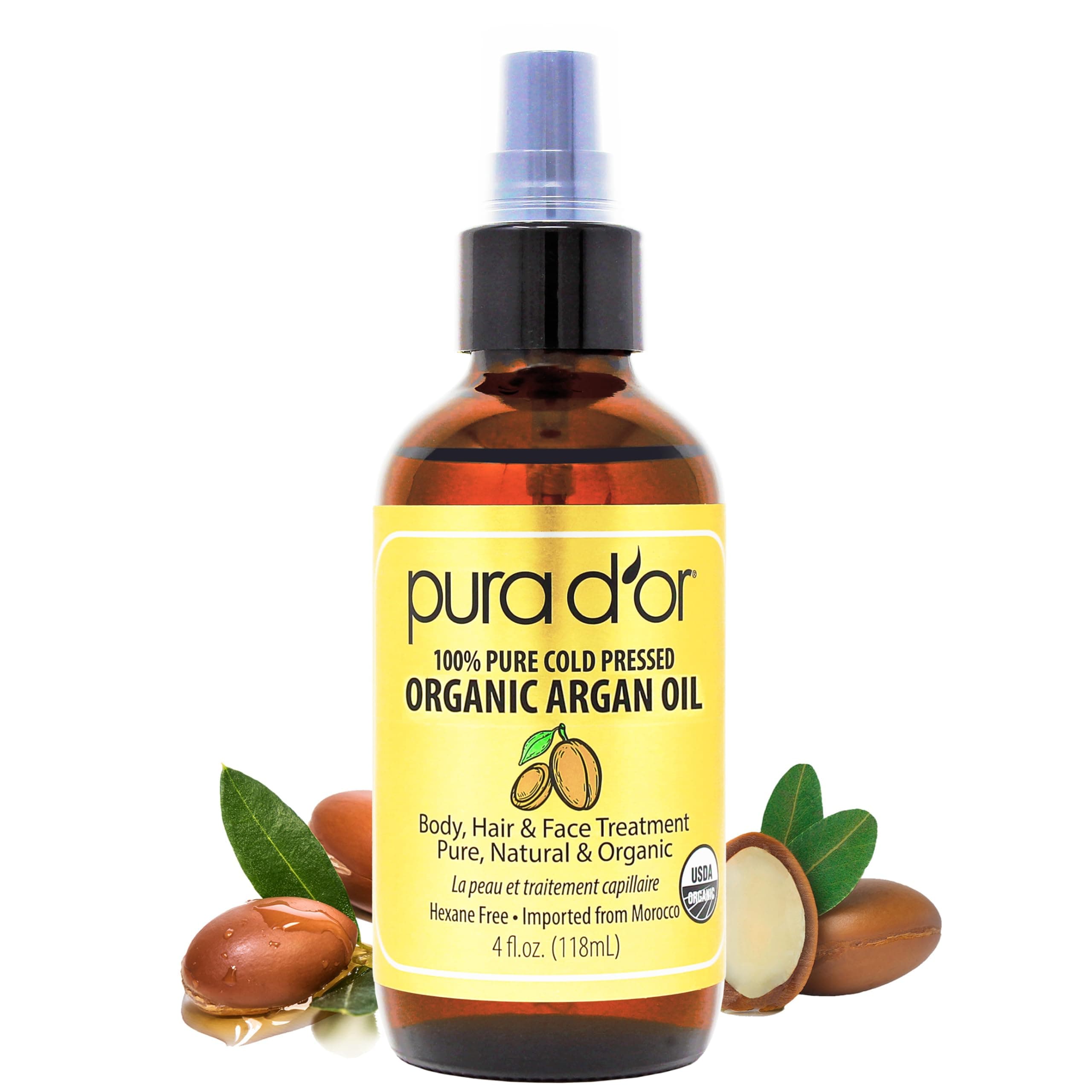 Organic Moroccan Argan Oil 100% Pure Cold Pressed & USDA Organic Moisturizing Treatment for Face, Hair, Skin & Nails, 118 mL