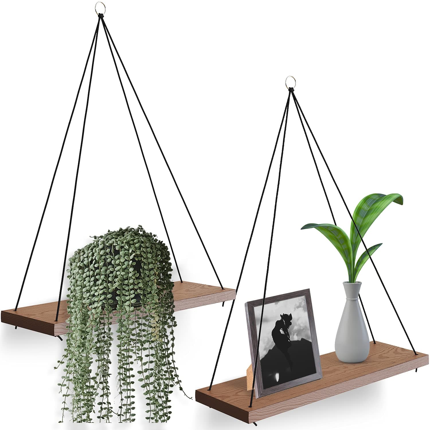Hanging Shelves for Wall - Set of 2 Hanging Plant Shelf - Cute Boho Room Decor for Bedroom, Bathroom, Living Room - Rope Farmhouse Wooden Floating Small Bookshelves - Window, Macrame, No Drill - Brown