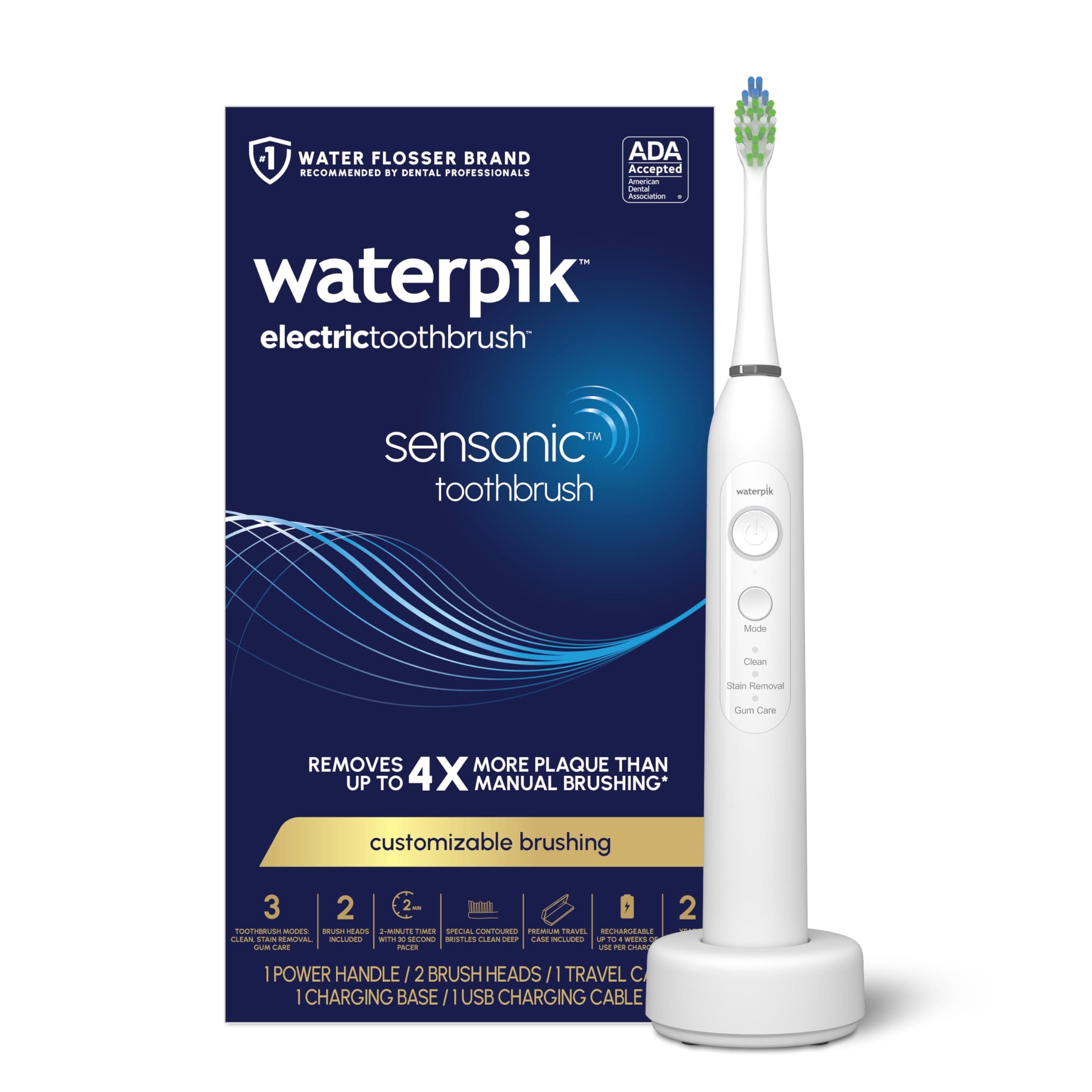Waterpik Sensonic Sonic Electric Toothbrush, Rechargeable Toothbrush for Adults with 3 Modes, Travel Case, USB Charger, White STW-03W020