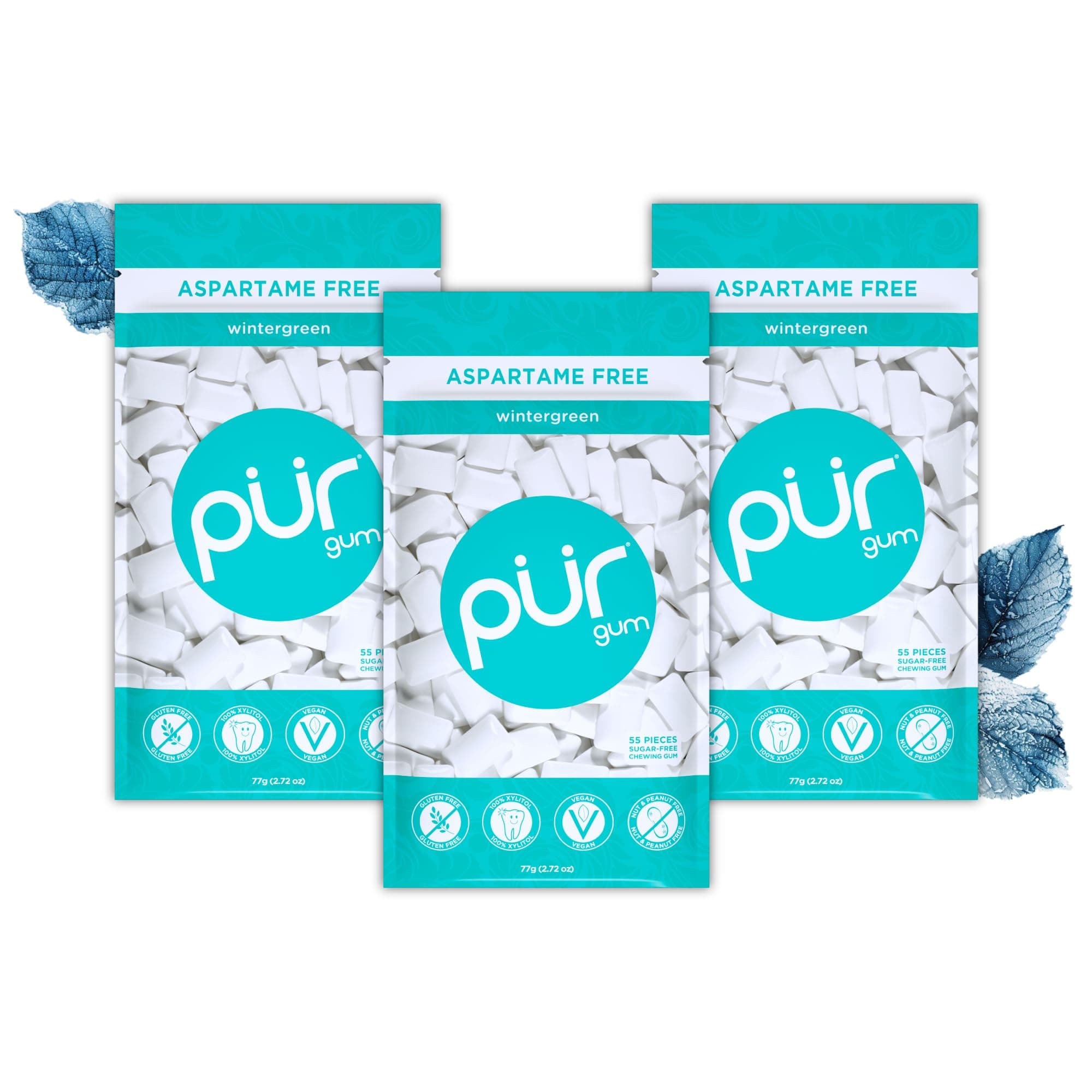 Sugar Free Chewing Gum | Made with Xylitol | Vegan, Aspartame Free, Gluten Free and Keto Friendly | Natural Wintergreen Flavoured Gum, 55 Pieces (Pack of 3)