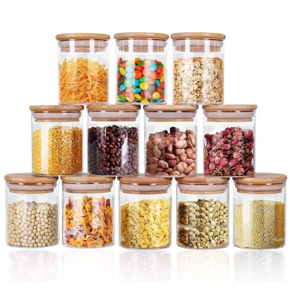 Glass Jars 9OZ, 12 Set with Bamboo Airtight Lids and Labels, Food Cereal Storage Large Spice Containers for Home Kitchen Tea Coffee Flour Herbs Grains
