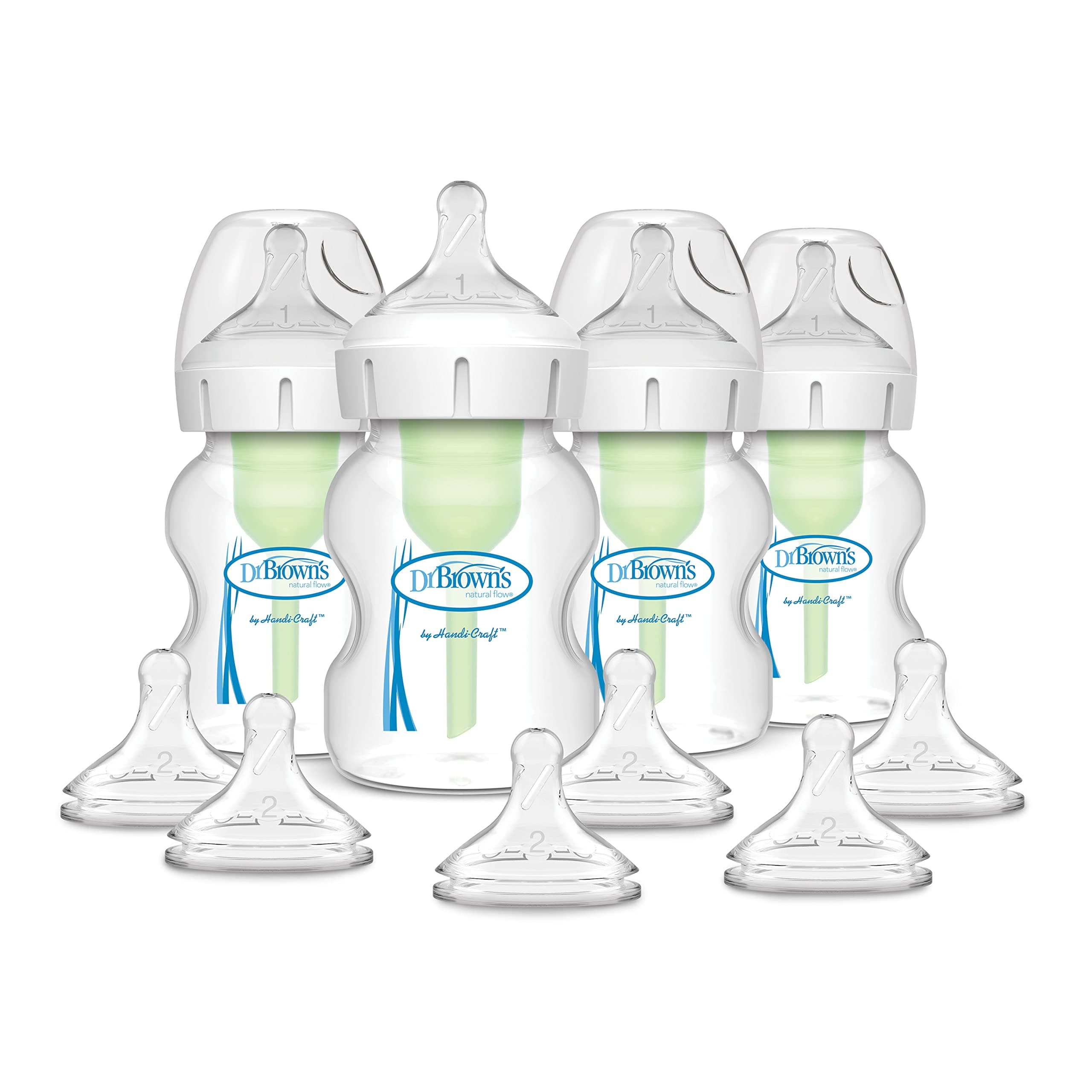 Dr. Brown’s Natural Flow® Anti-Colic Options+™ Wide-Neck Baby Bottle, 5 oz/150 mL, Level 1 Nipple, 4-Pack, 0m+ with 6-Pack Level 2 Nipples