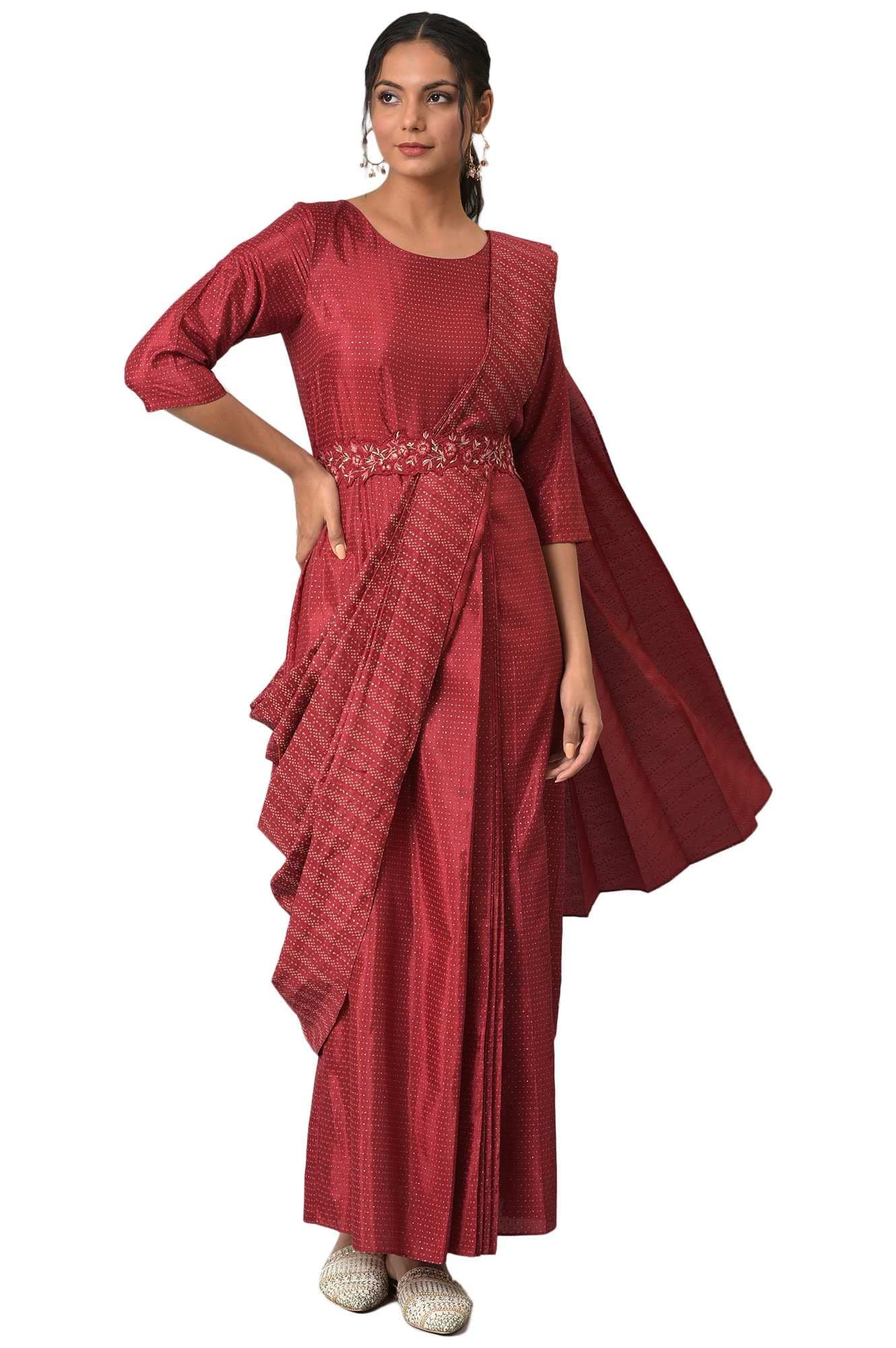 W for Woman Women Maroon Maxi Insta Saree Dress with Embroidered Belt