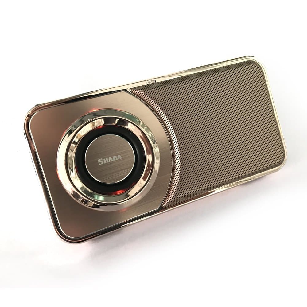SHABA Ultra slim pocket portable Bluetooth Speaker with LED Light, phone stand, TF/Micro SD Card, FM Radio, speakerphone and Recording, for iPhone, android device and most of Bluetooth device (Gold)