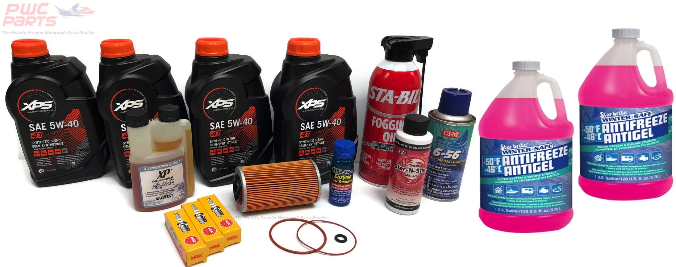 SeaDoo 4-TEC PWC Winterization & Oil Change Kit w/Star-Brite Anti-Freeze -50 155/185/215/255/260 GTX GTI RXP RXP-X RXT-X GTR with BRP XPS 5W40 293600121 NGK DCPR8E Spark Plugs Star-Tron