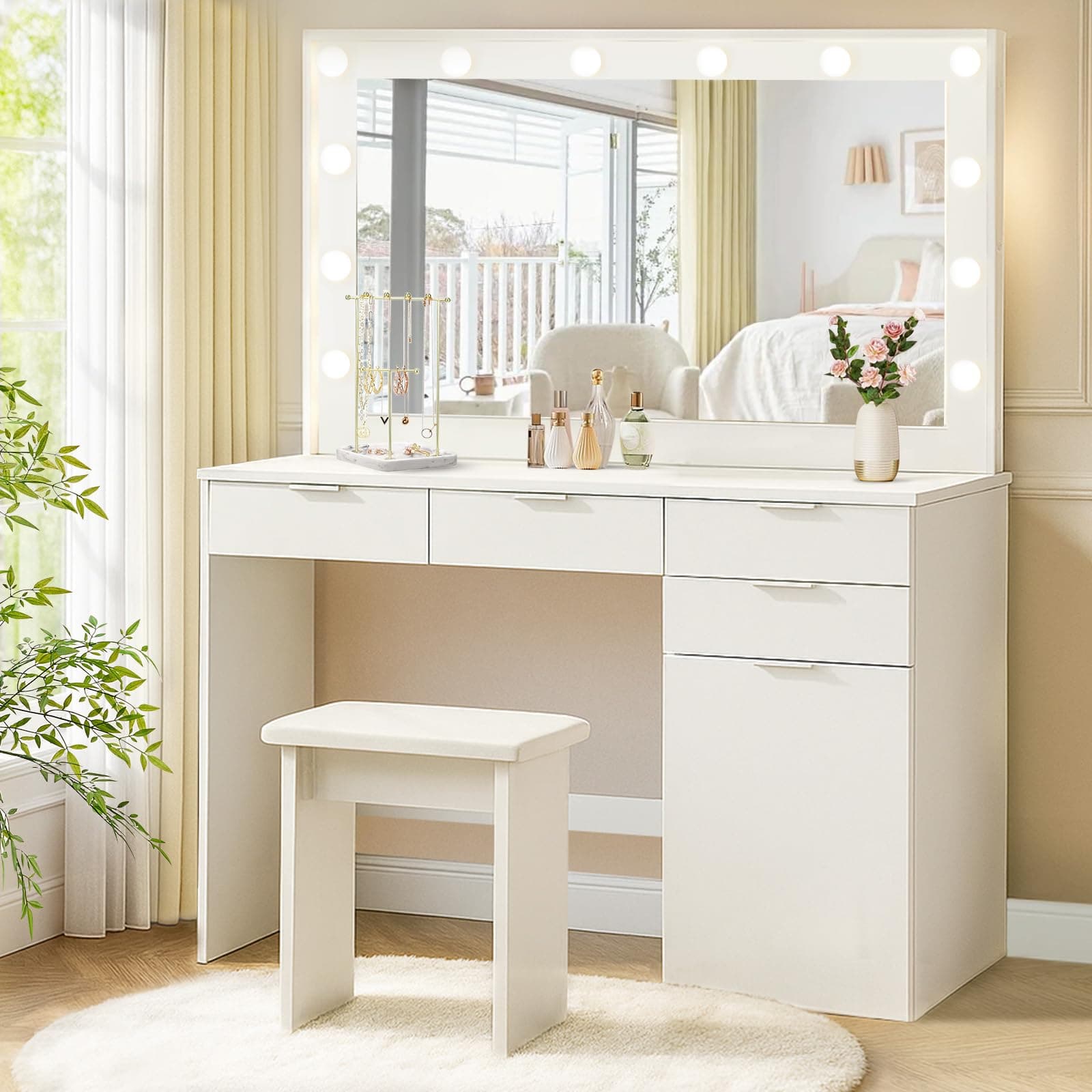โ Dressing table with Hollywood LED mirror and stool, 3 Adjustable Light Brightness, White Makeup Vanity Table with 4 Drawers and Cabinet for Bedroom, Modern Women Girls Beauty Desk
