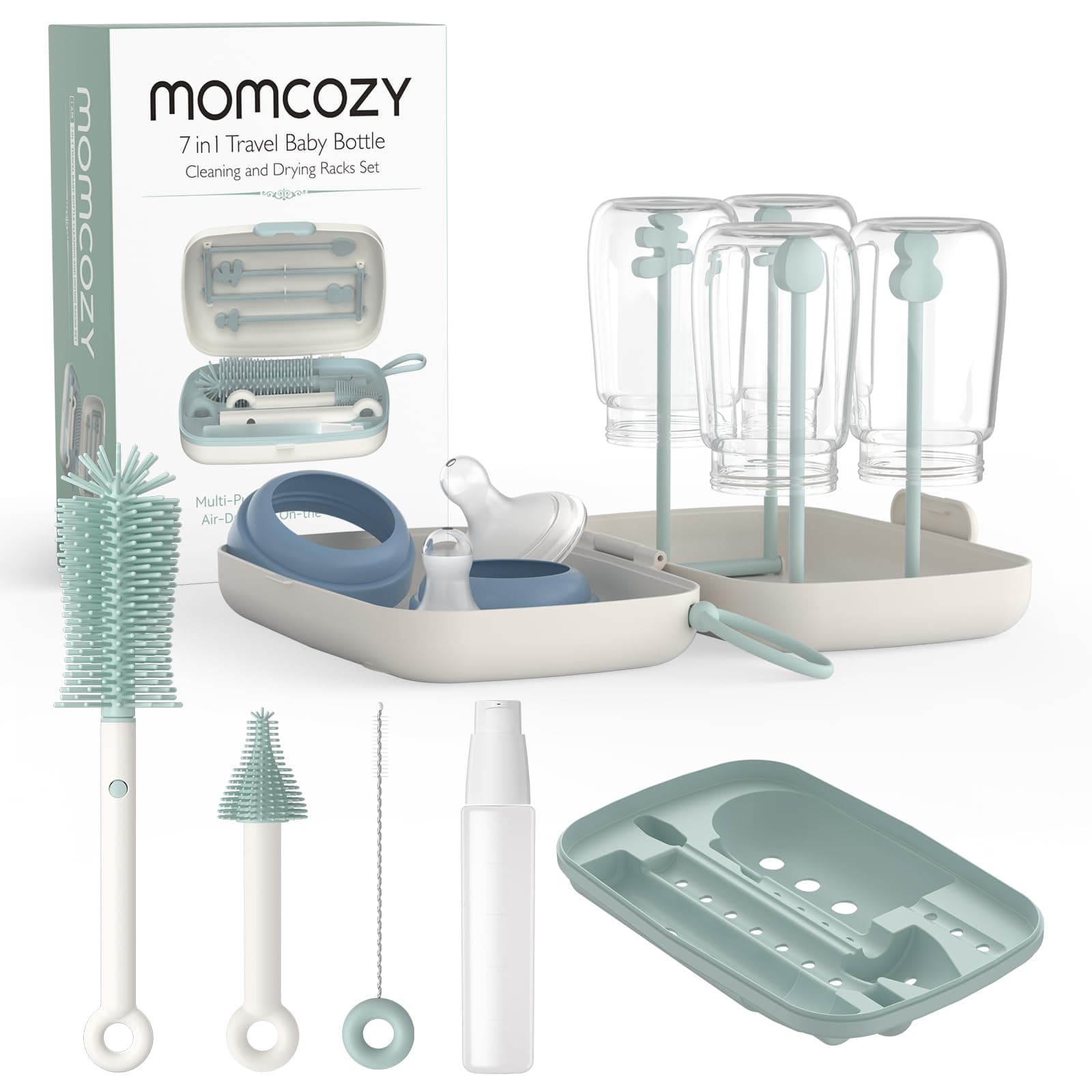 Momcozy Bottle Cleaner Kit - Silicone Brush Set with Nipple, Straw, Soap Dispenser, Drying Rack - 7 in 1 Bottle Cleaning Tool for Home and Travel