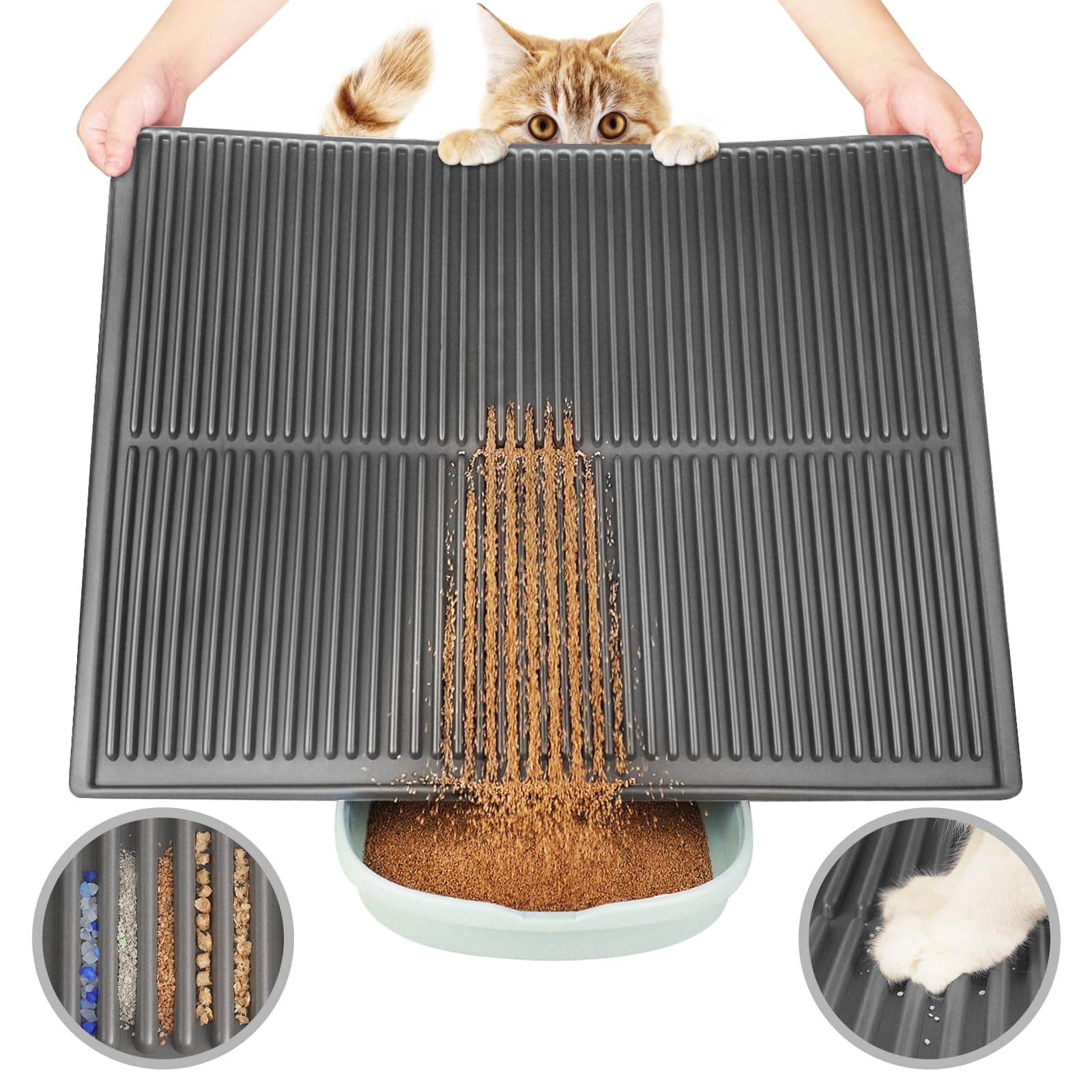 Easy Clean Litter Mat: Waterproof Single Layer Large Cat Litter Trapping Mat - Raised Edges & Grooves Prevent Urine Leak and Spill - Anti Tracking Under Litter Box Mat (Grey, 31”x24”)