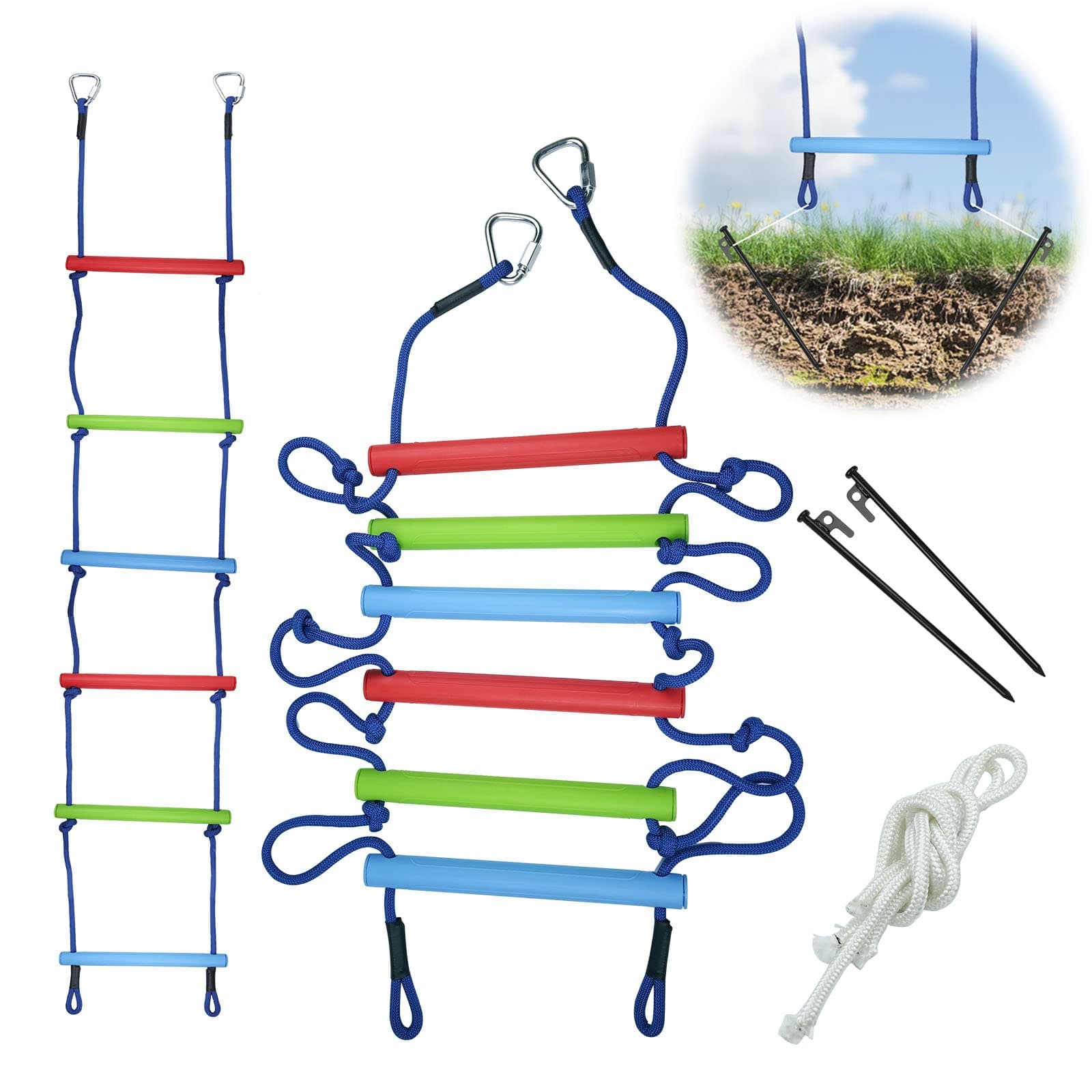 Climbing Rope Ladder for Kids with Ground Anchoring, 6.7FT Rope Ladder for Treehouse, Polyester Ninja Slackline Ladder, Indoor Playset and Outdoor Playground Backyard Hanging Ladder for Swing Set