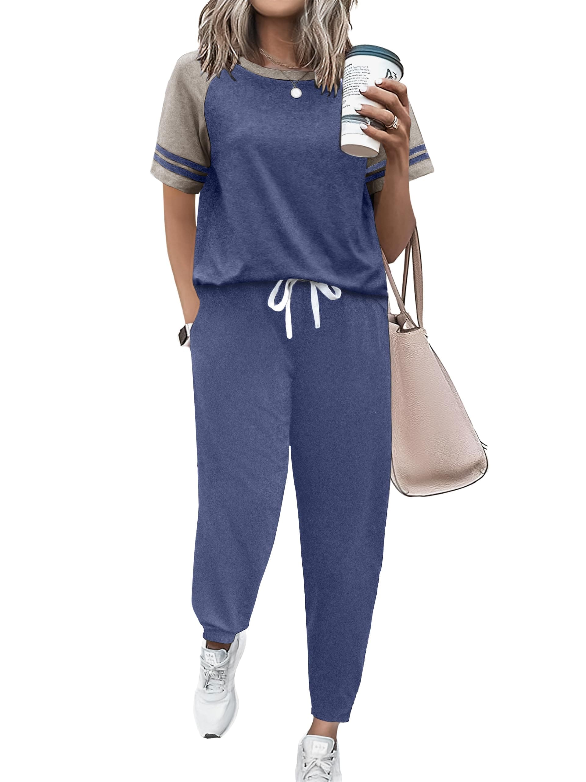 Lounge Sets for Women Two Piece Pajama Set Short Sleeve Crewneck Jogger Outfits and Sweatpants Tracksuit