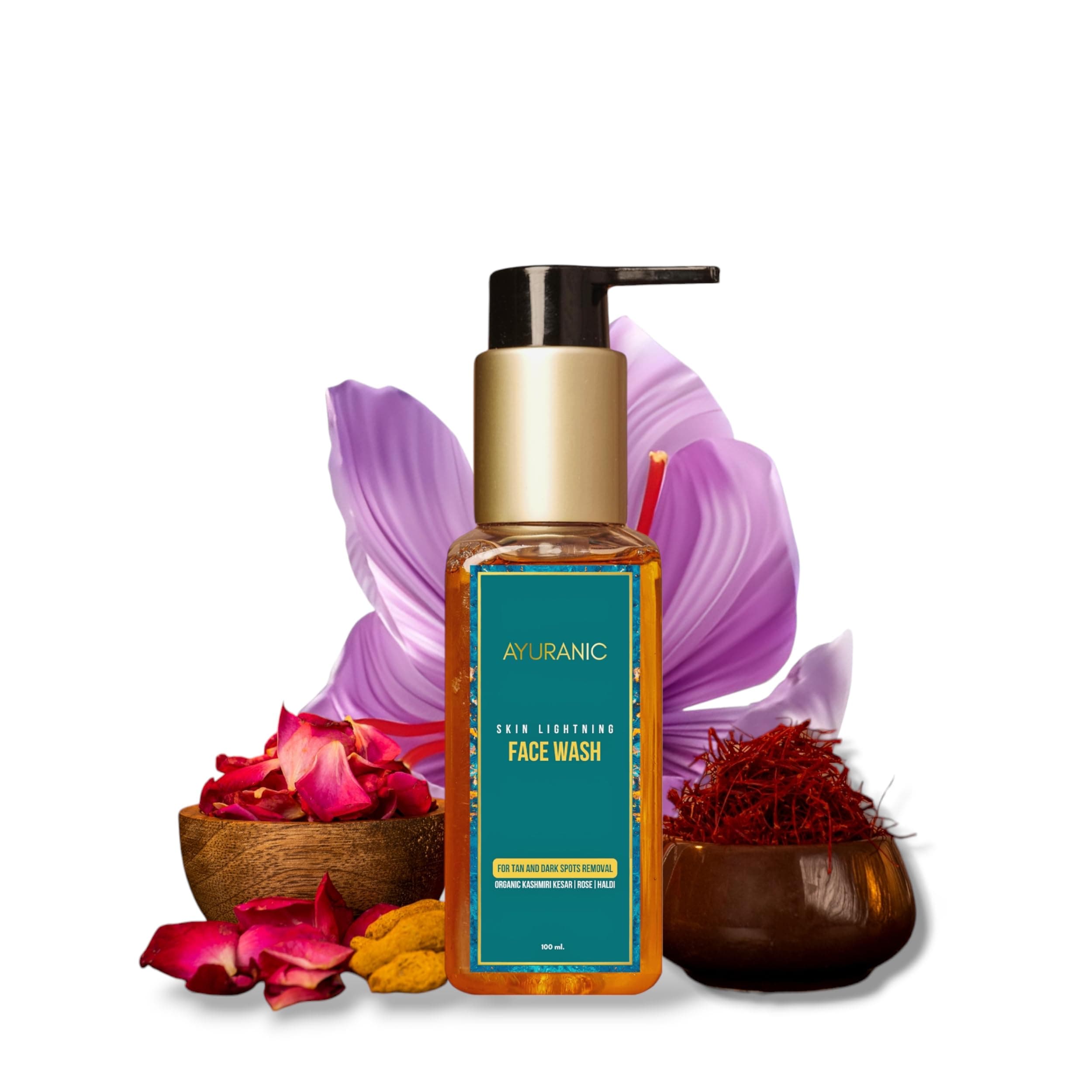 Tan & Dark Spots Removal Ayurvedic Face Wash For Glowing & Even Skin Tone | Kumkumadi Kesar Oil, Rose Water, Haldi For Normal, Oily & Acne Prone Skin | Men & Women (11 Natural Herbs, 100 ml)