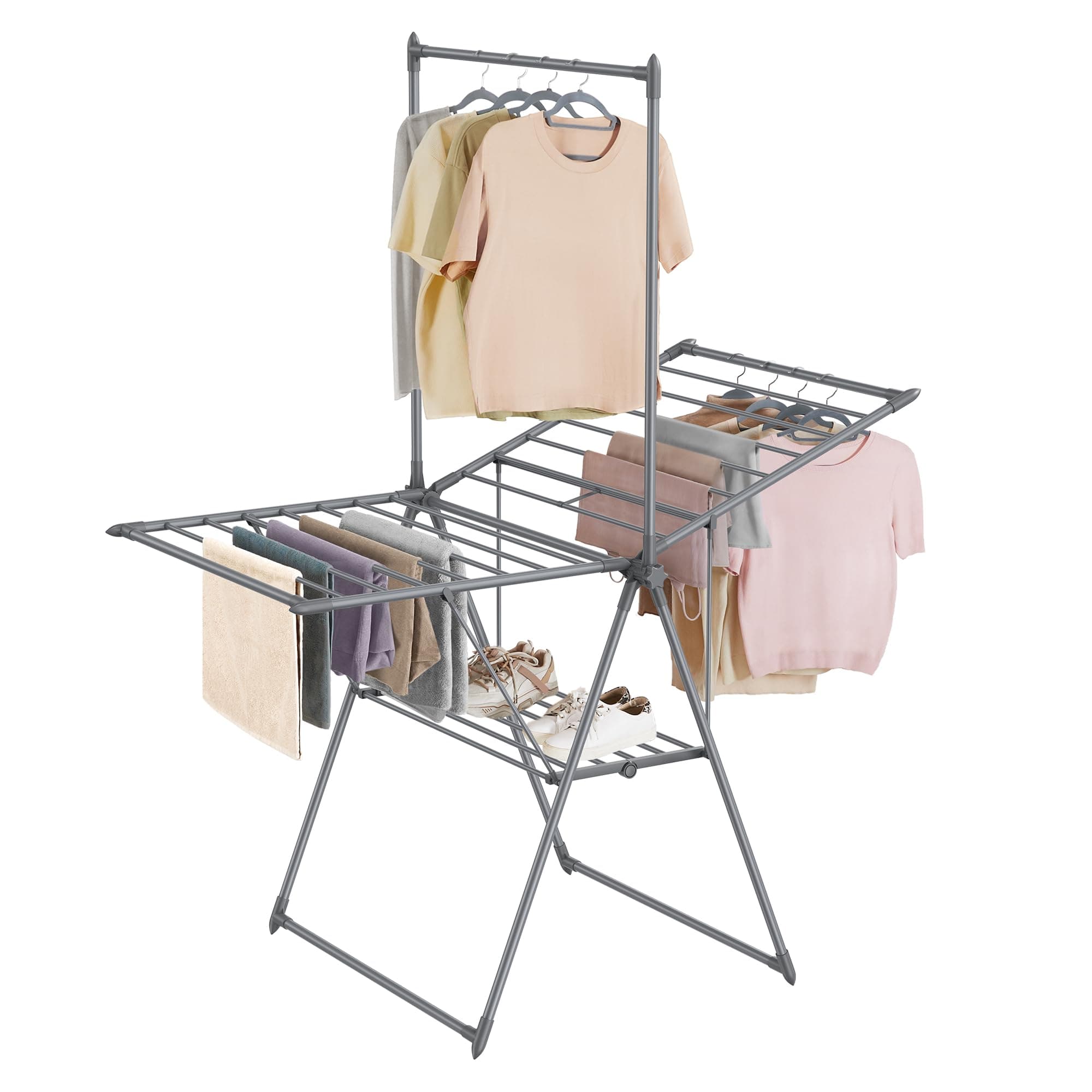 Clothes Drying Rack, Foldable 2-Level Laundry Drying Rack, Free-Standing Airer, 1 Additional Tall Hanging Bar, 2 Height-Adjustable Wings, 24 Drying Rails, Space Savng, Gray ULLR521G01