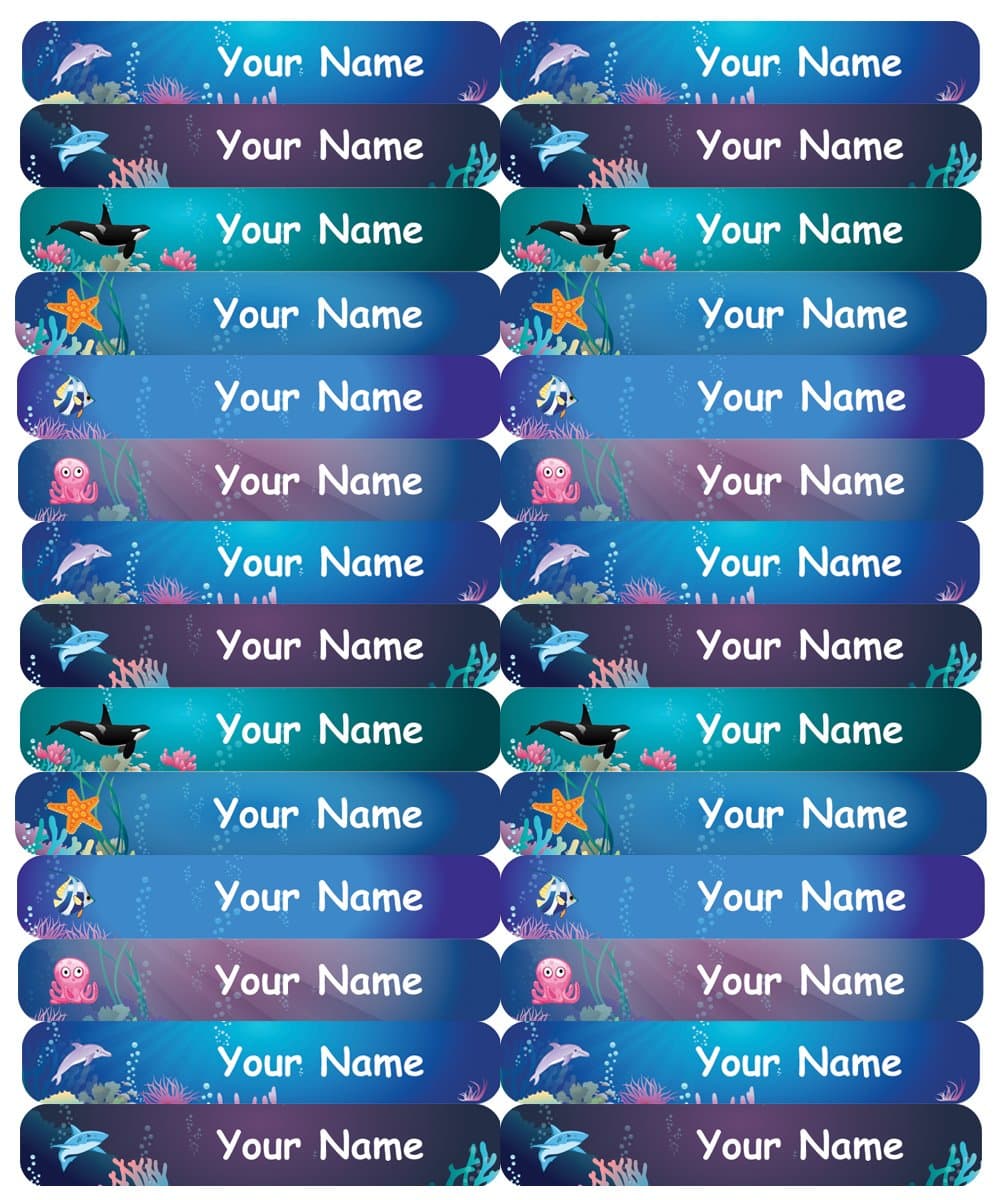 48 Personalized, Waterproof Skinny Labels for Kids (50x7mm) - Under The Sea Design