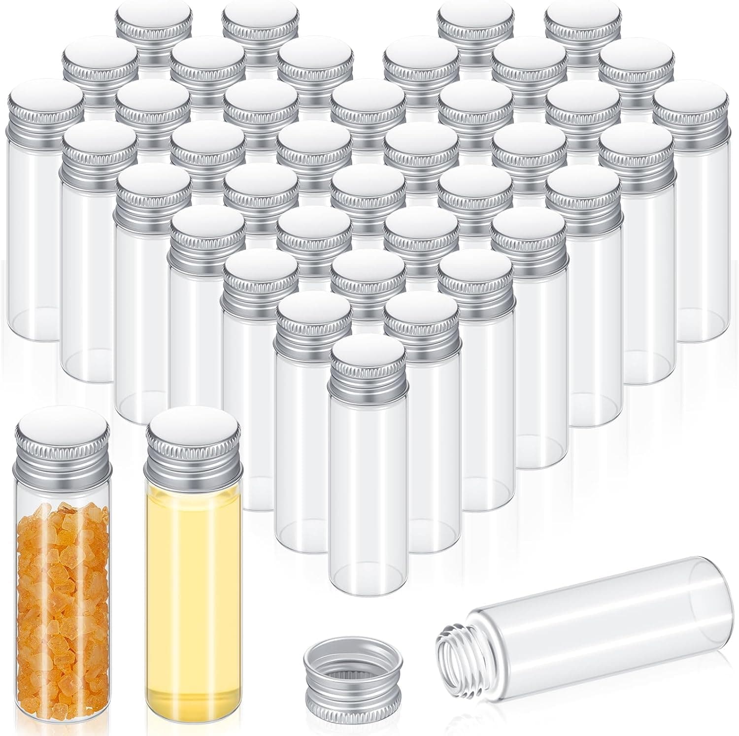 50 Pcs Vials Clear Mini Glass Bottles with Screw Aluminum Metal Cap Tiny Jars Empty Small Bottles with Lids DIY Sample Containers for Powder Cream Cosmetic Jewelry Wedding (Silver Caps,15 ml)