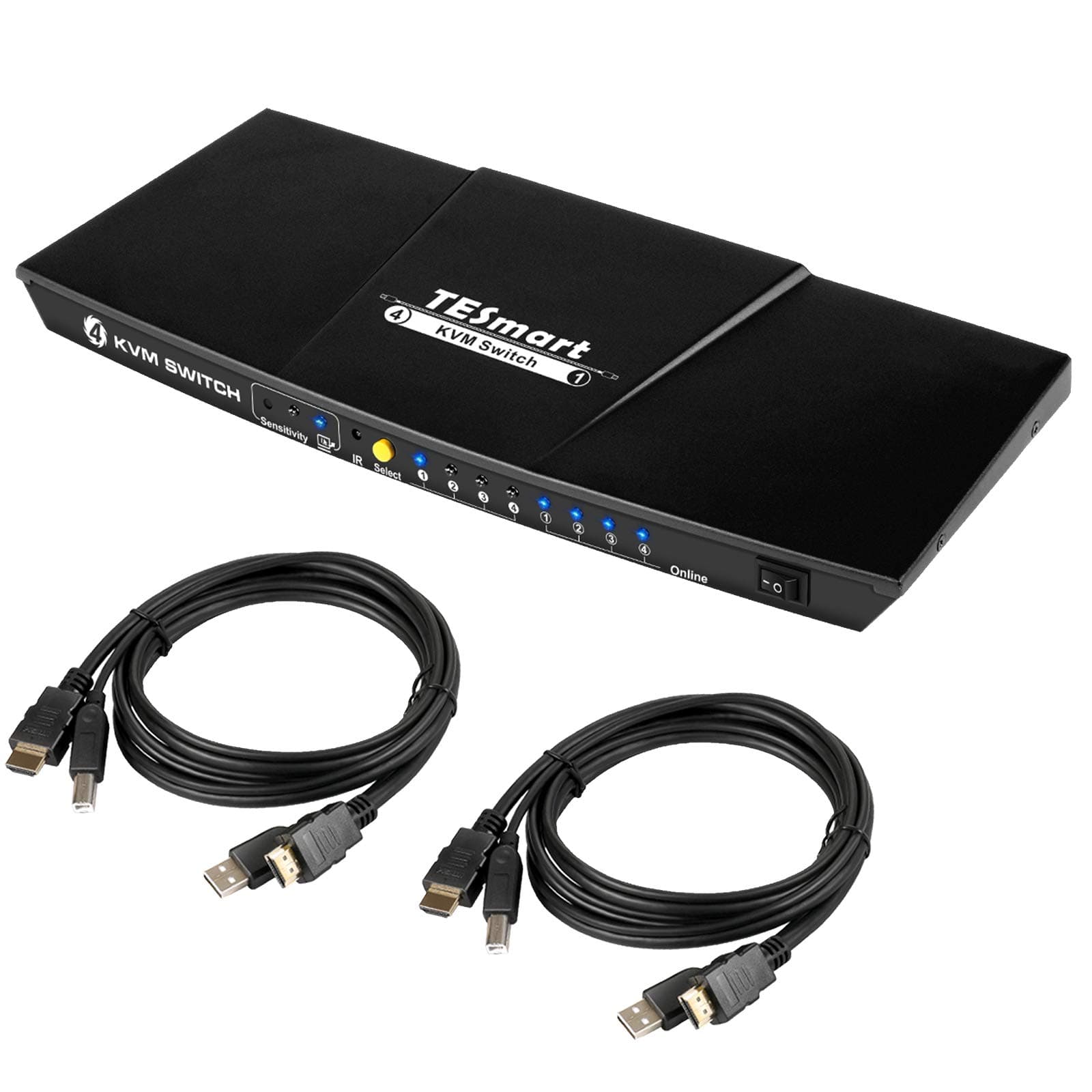 TESmart 4 Port HDMI KVM Switch 4K Ultra HD 3840x2160@30Hz | 4x1 KVM Switcher 4 PC 1 Monitor with 2x1.5m KVM Cables Supports USB 2.0 Devices Controls up to 4 Computers/Servers/DVR-Matte Black