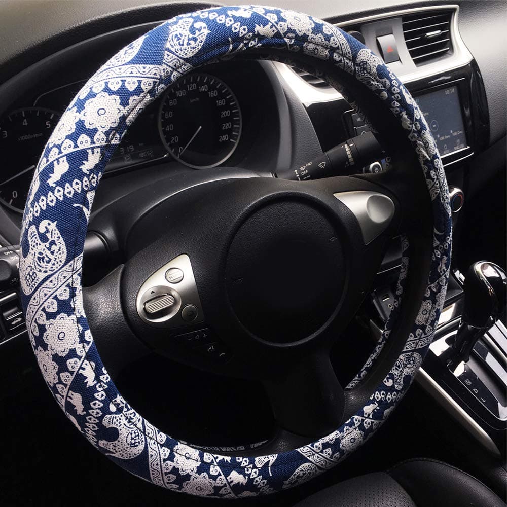 fortoo 38cm 15" Blue Automotive Ethnic Cloth Wrap Cute Elephant Universal Car Steering Wheel Cover