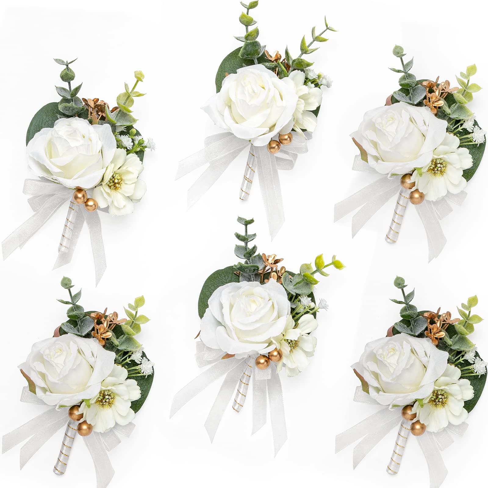 Serwalin 6Pcs White Boutonniere for Men, Ivory Rose Groom and Best Man Boutonniere for Rustic Fall Vintage Wedding Prom Ceremony Anniversary Formal Dinner Party