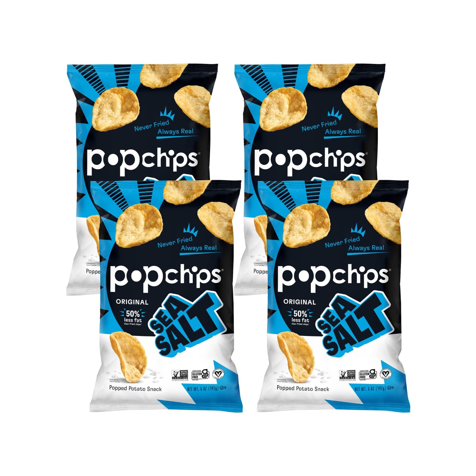 Popchips Potato Chips, Sea Salt, 4ct 5.0oz Share Bags, Low-Calorie and Gluten Free, Salty Snacks for Adults and Children, Non-GMO, Vegan & Kosher Friendly, 130 Calories Per Serving