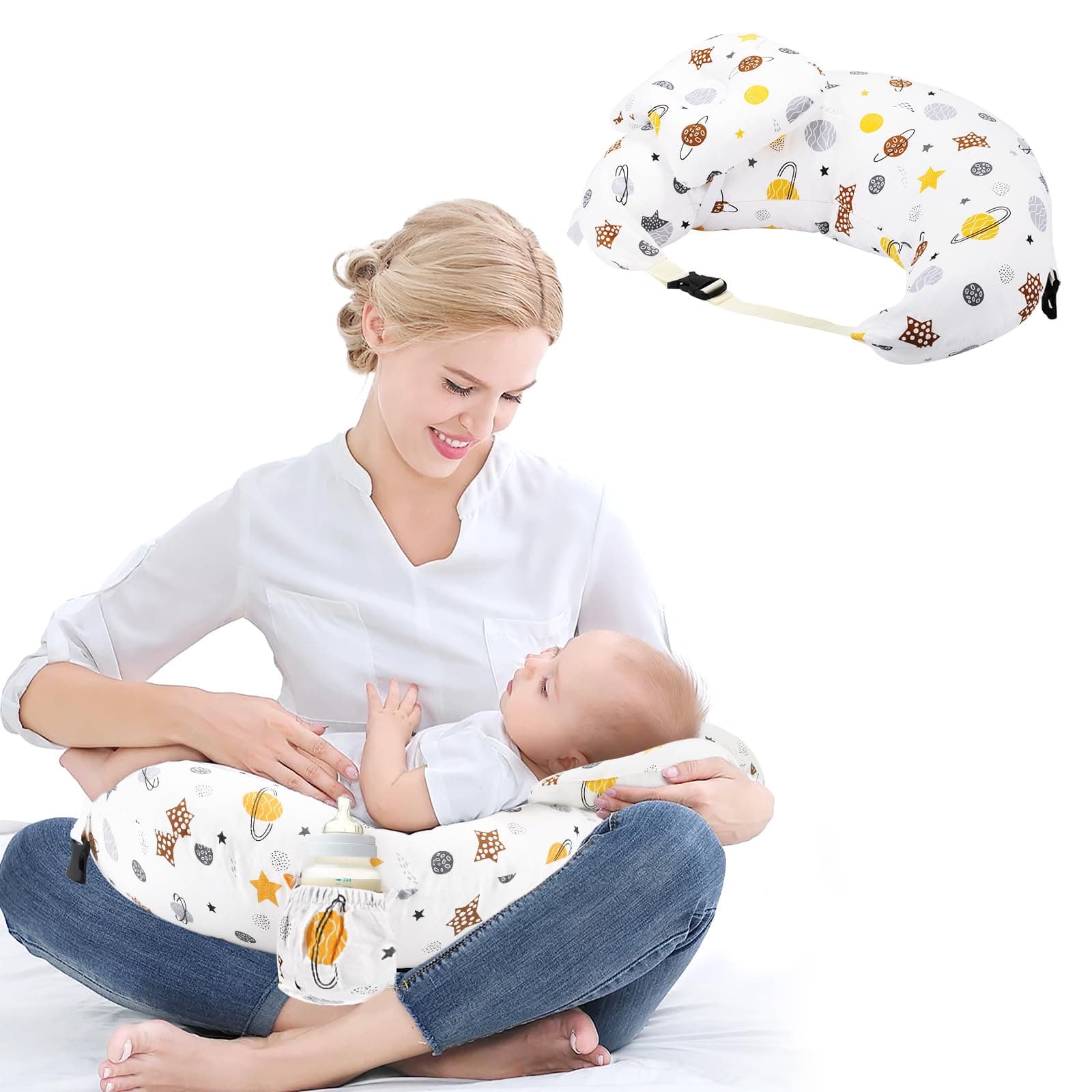 Breastfeeding Pillow with Adjustable Waist Strap & Safety Fence – Nursing Pillows for Breastfeeding, 100% Cotton Removable Cover, Ergonomic Support for Baby & Mum, Pregnancy Babies Pillows