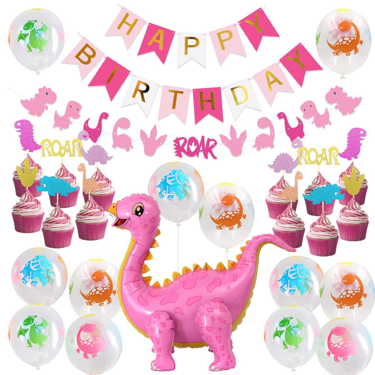 Girls Dinosaur Party Decorations Pink Dino Party Supplies for 1st 2nd 3rd Girls Pink Dinosaur 3D Standing Balloons Cupcake Toppers Garland Banner for Baby Girl 1st Birthday Little Dino Supplies