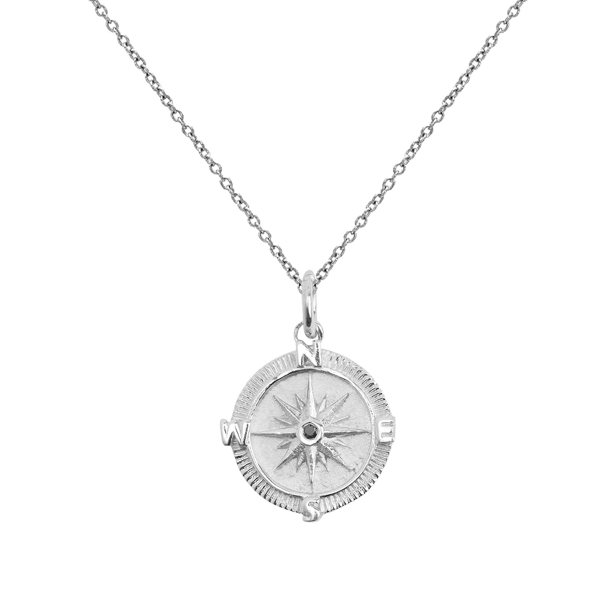 Sterling Silver Point The Way Black Diamond Compass Pendant Necklace, 18"
