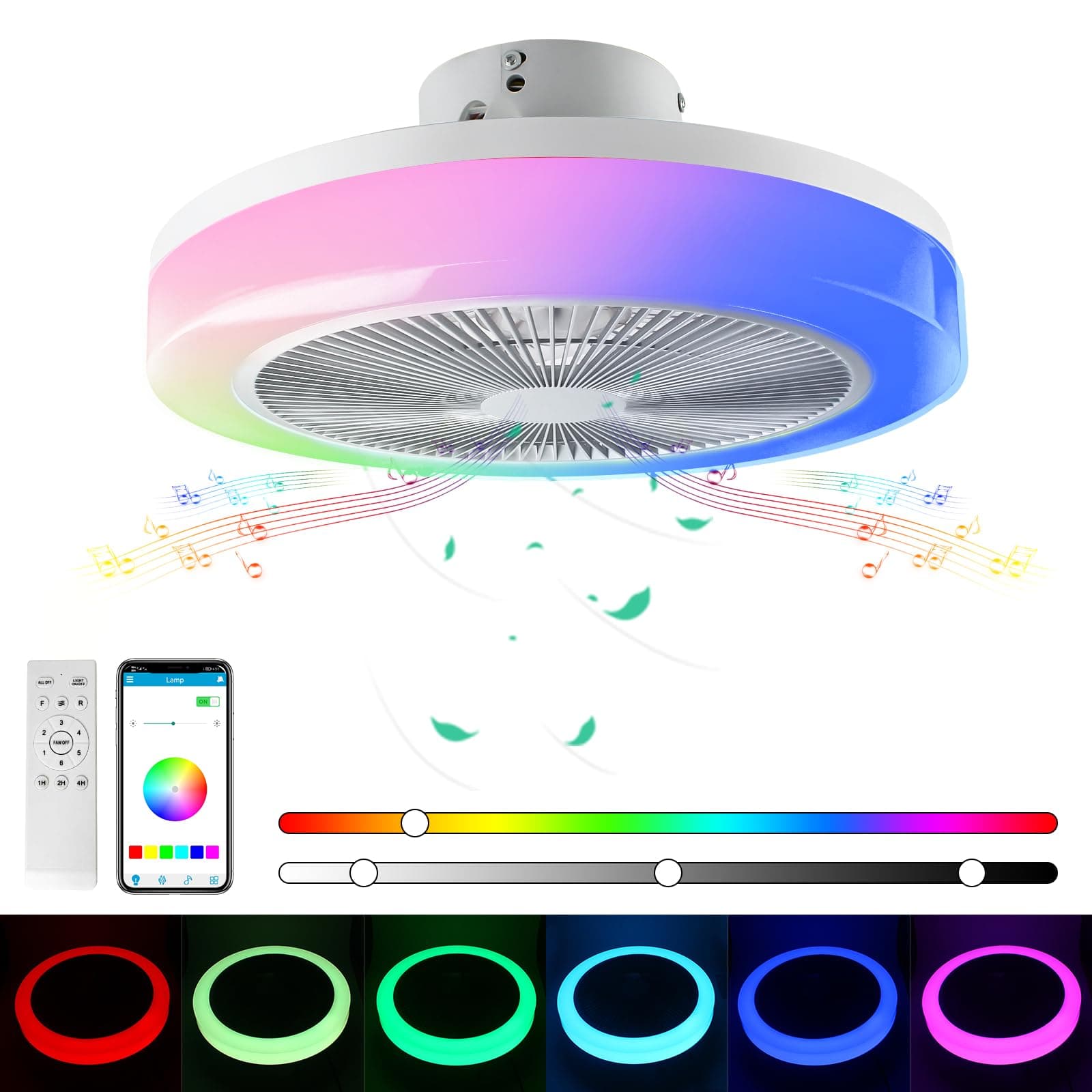 Lowprofile Ceiling Fans with Light & App 19.7" RGB LED Light with Enclosed Fans and Bluetooth 6 Speeds Flush Mount Reversible Bladeless LED Fan with Color Changing Lights for Kids Room
