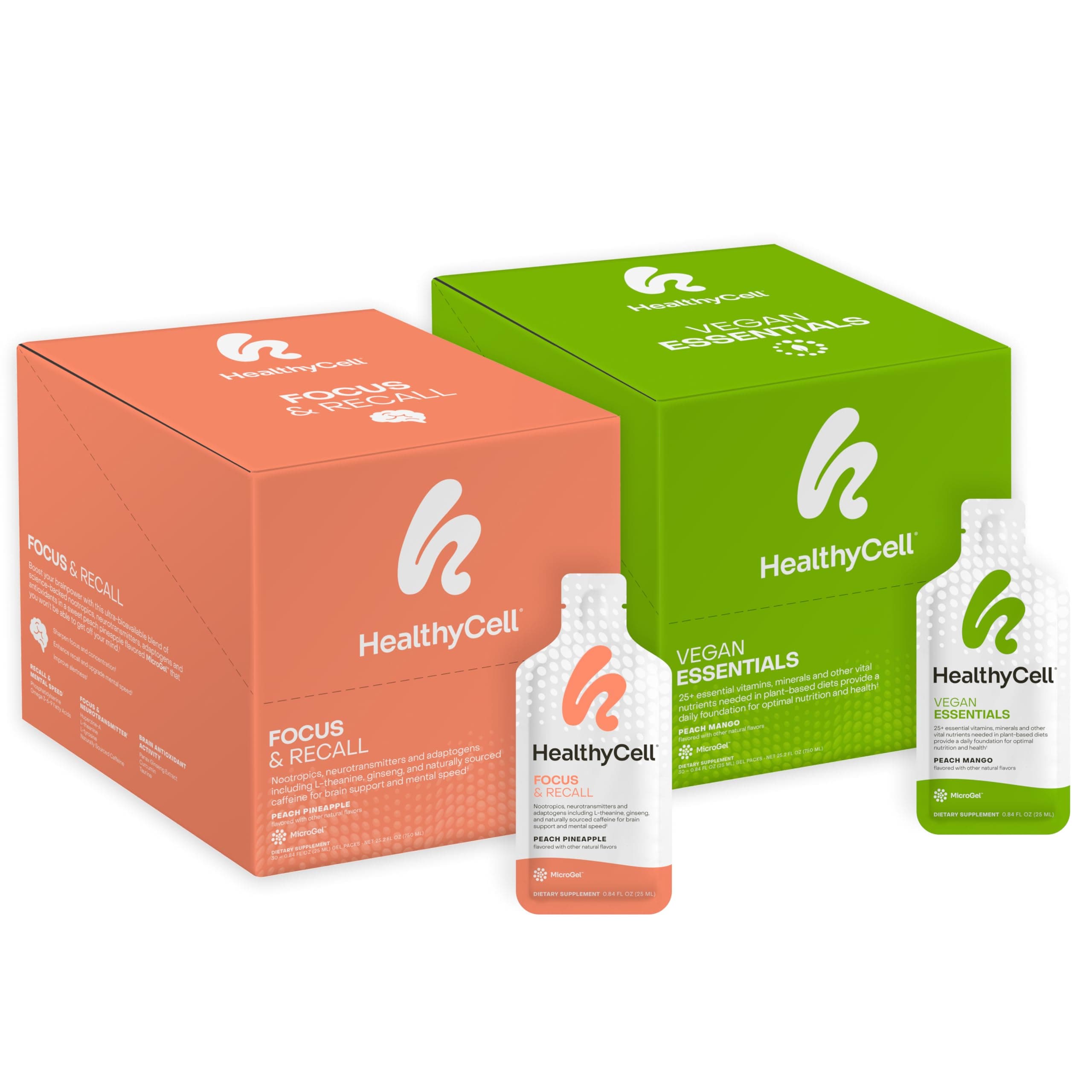 Healthycell Focus & Recall + Vegan Essentials Bundle - Nootropic Supplement + Vegan Multivitamin for Men and Women - Maximum Absorption Liquid Supplements - 30 Gel Packs x 2